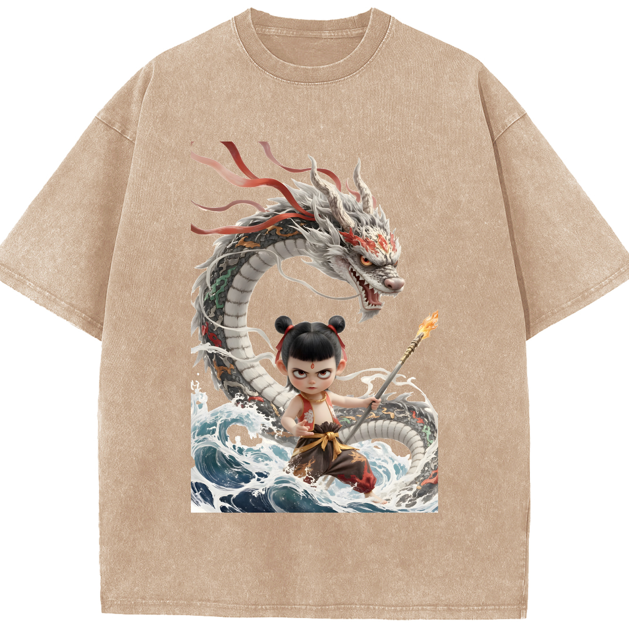（画像用） Ne Zha 2 ナタ 魔童の大暴れ 綿100% ヴィンテージ風 半袖Tシャツ（フロントプリント）