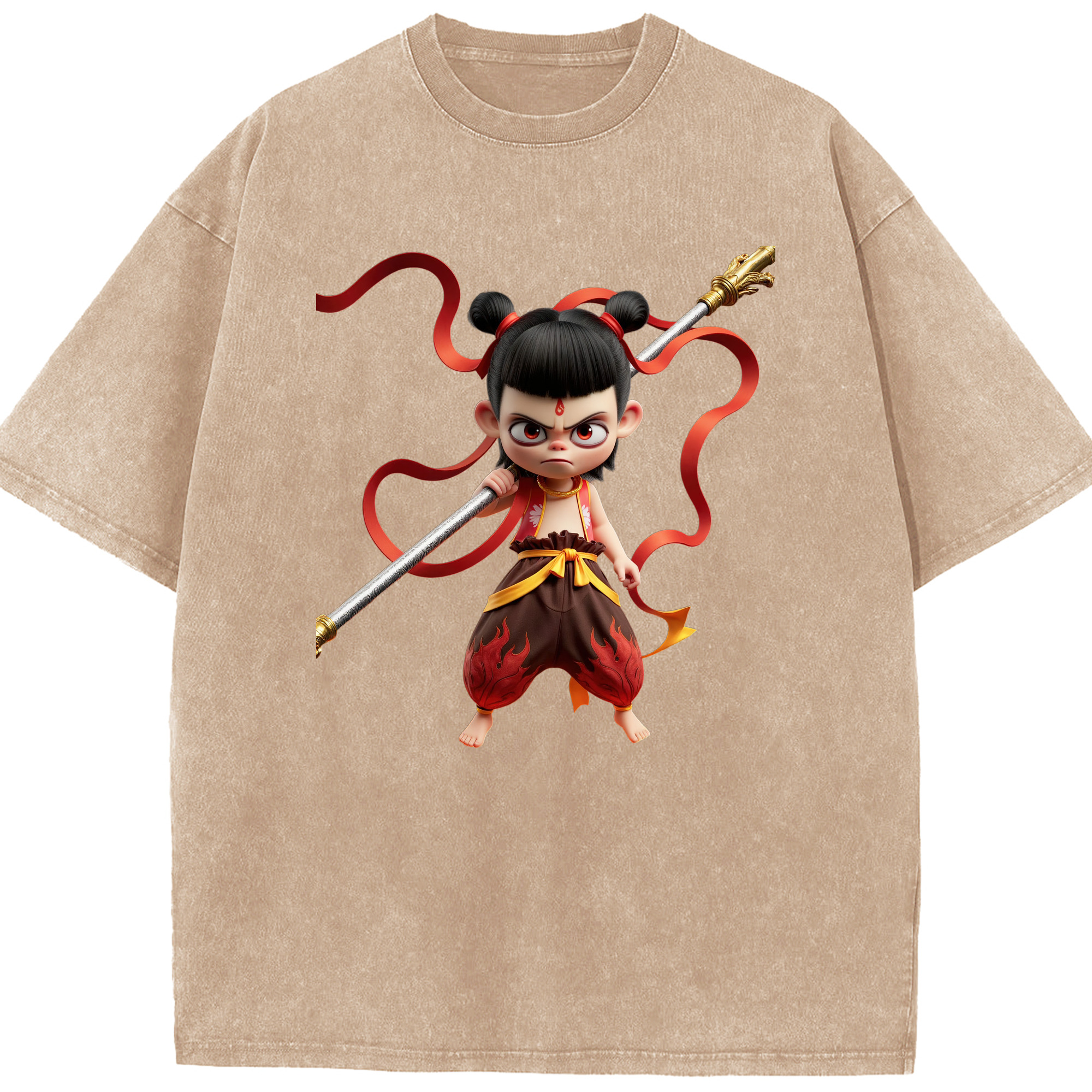 （画像用） Ne Zha 2 ナタ 魔童の大暴れ 綿100% ヴィンテージ風 半袖Tシャツ（フロントプリント）