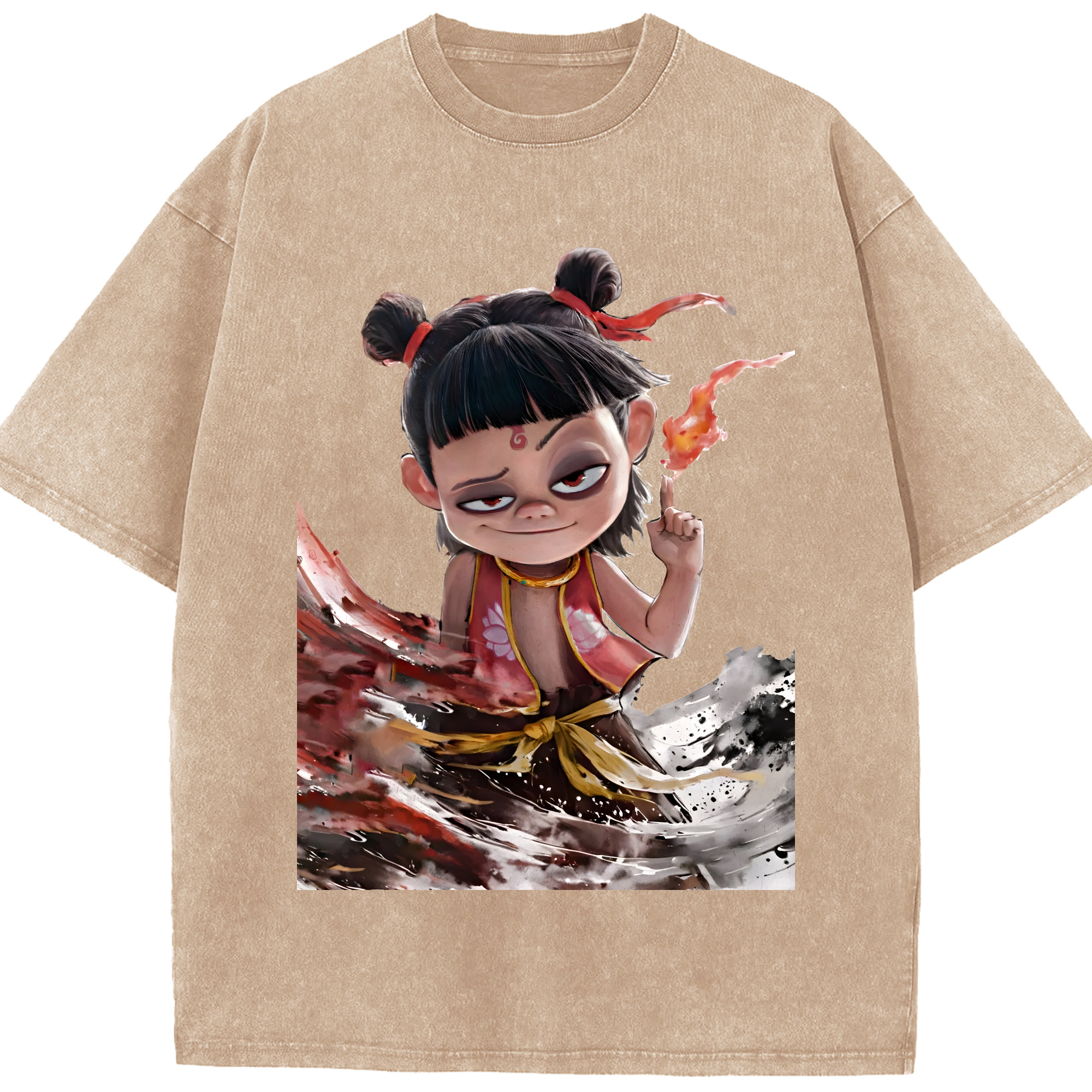 （画像用） Ne Zha 2 ナタ 魔童の大暴れ 綿100% ヴィンテージ風 半袖Tシャツ（フロントプリント）