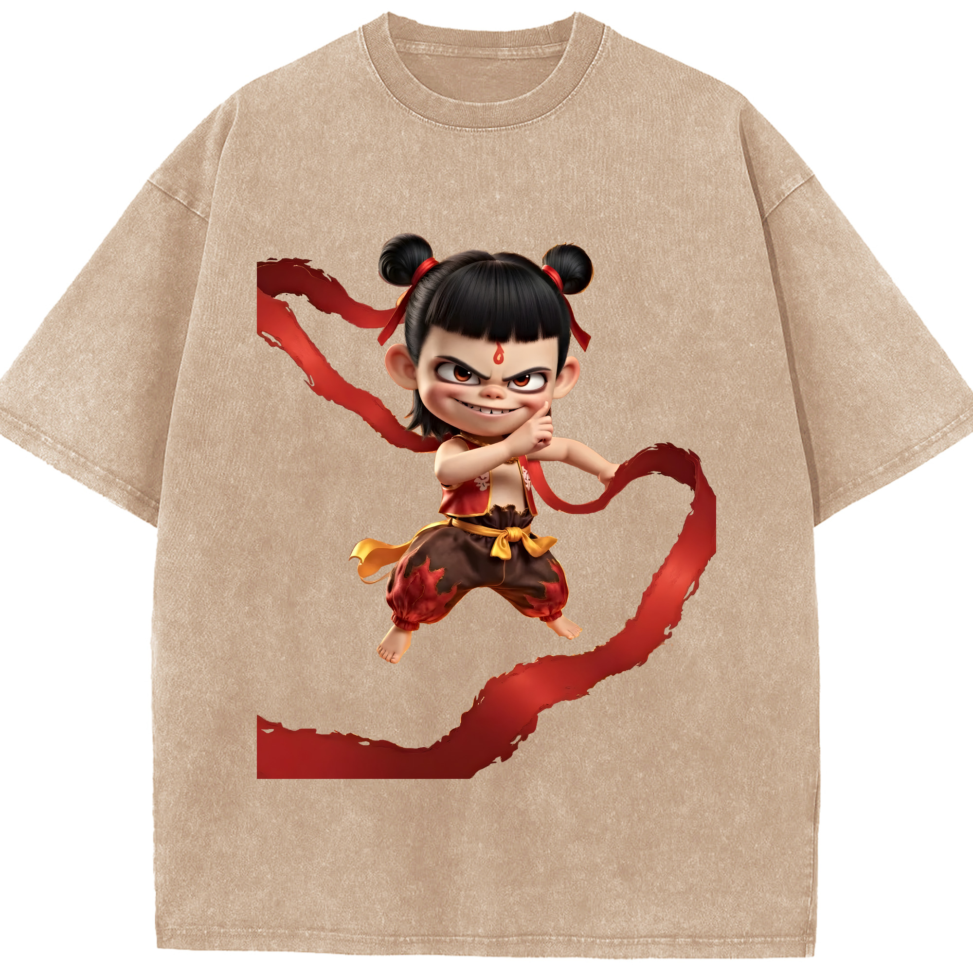 （画像用） Ne Zha 2 ナタ 魔童の大暴れ 綿100% ヴィンテージ風 半袖Tシャツ（フロントプリント）