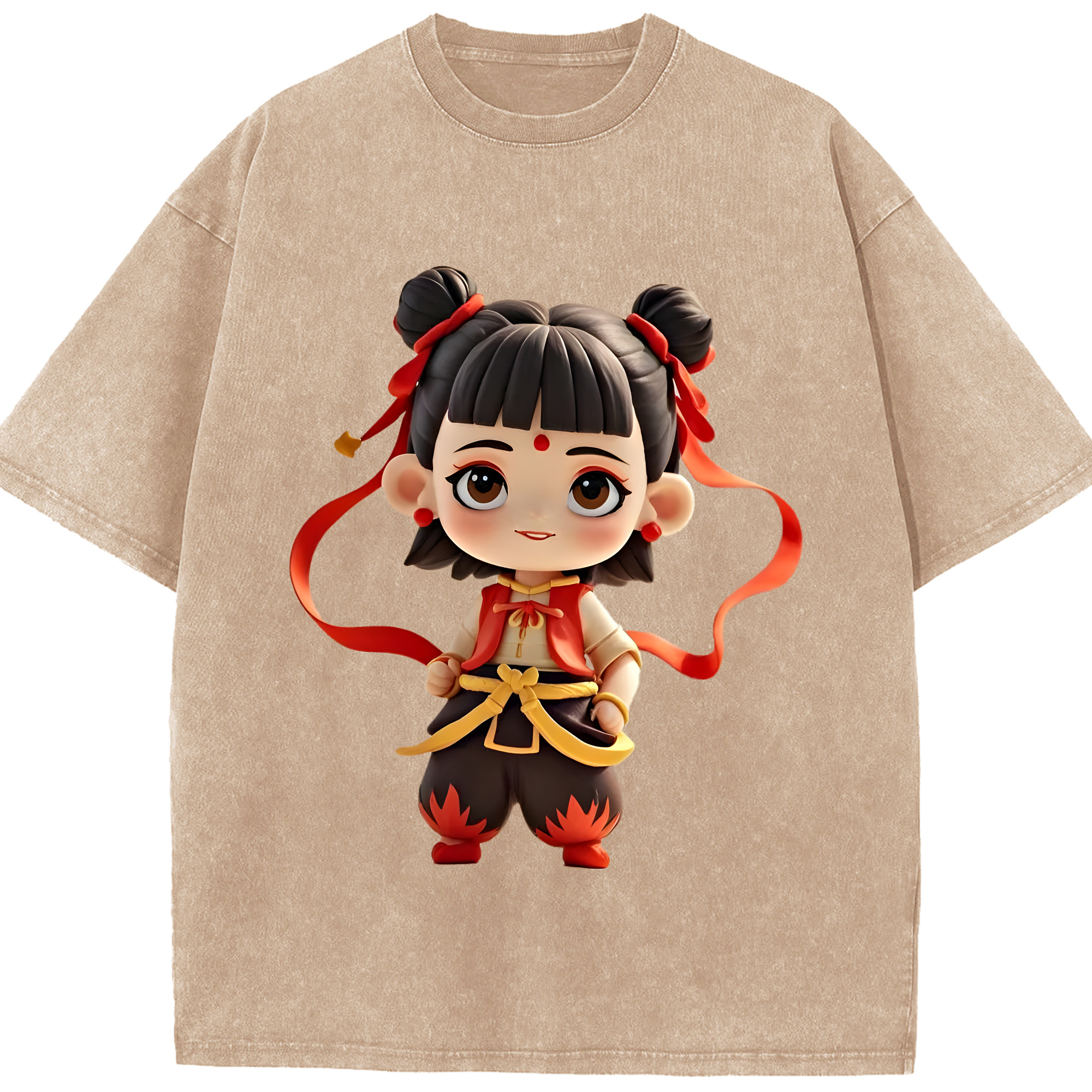 （画像用） Ne Zha 2 ナタ 魔童の大暴れ 綿100% ヴィンテージ風 半袖Tシャツ（フロントプリント）