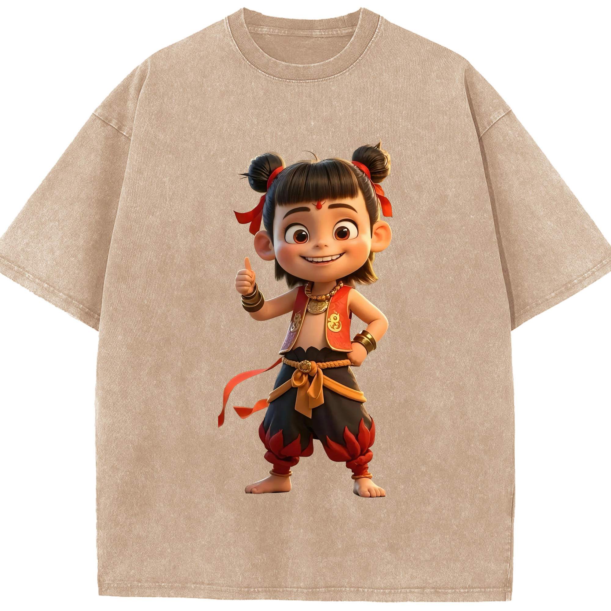 （画像用） Ne Zha 2 ナタ 魔童の大暴れ 綿100% ヴィンテージ風 半袖Tシャツ（フロントプリント）