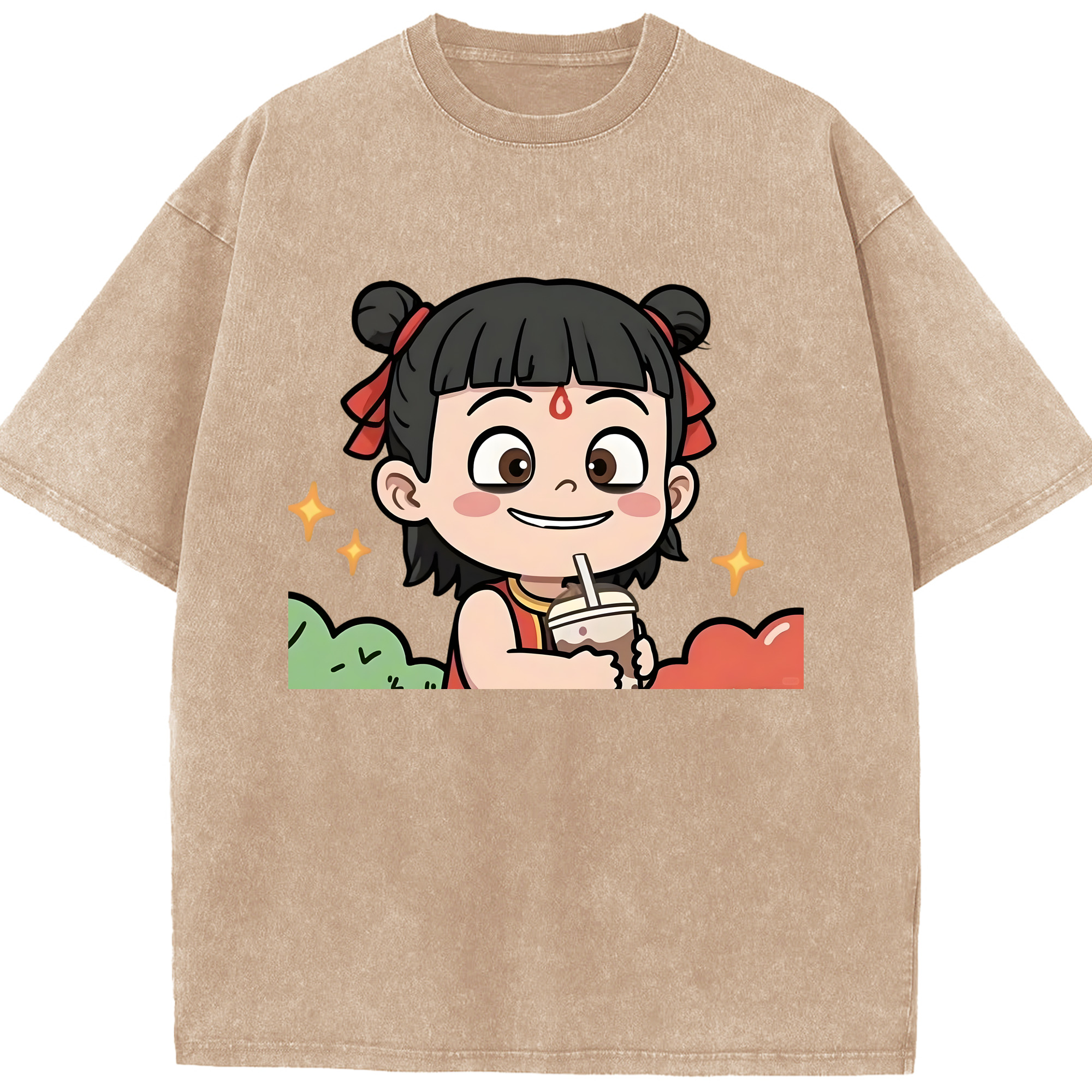 （画像用） Ne Zha 2 ナタ 魔童の大暴れ 綿100% ヴィンテージ風 半袖Tシャツ（フロントプリント）