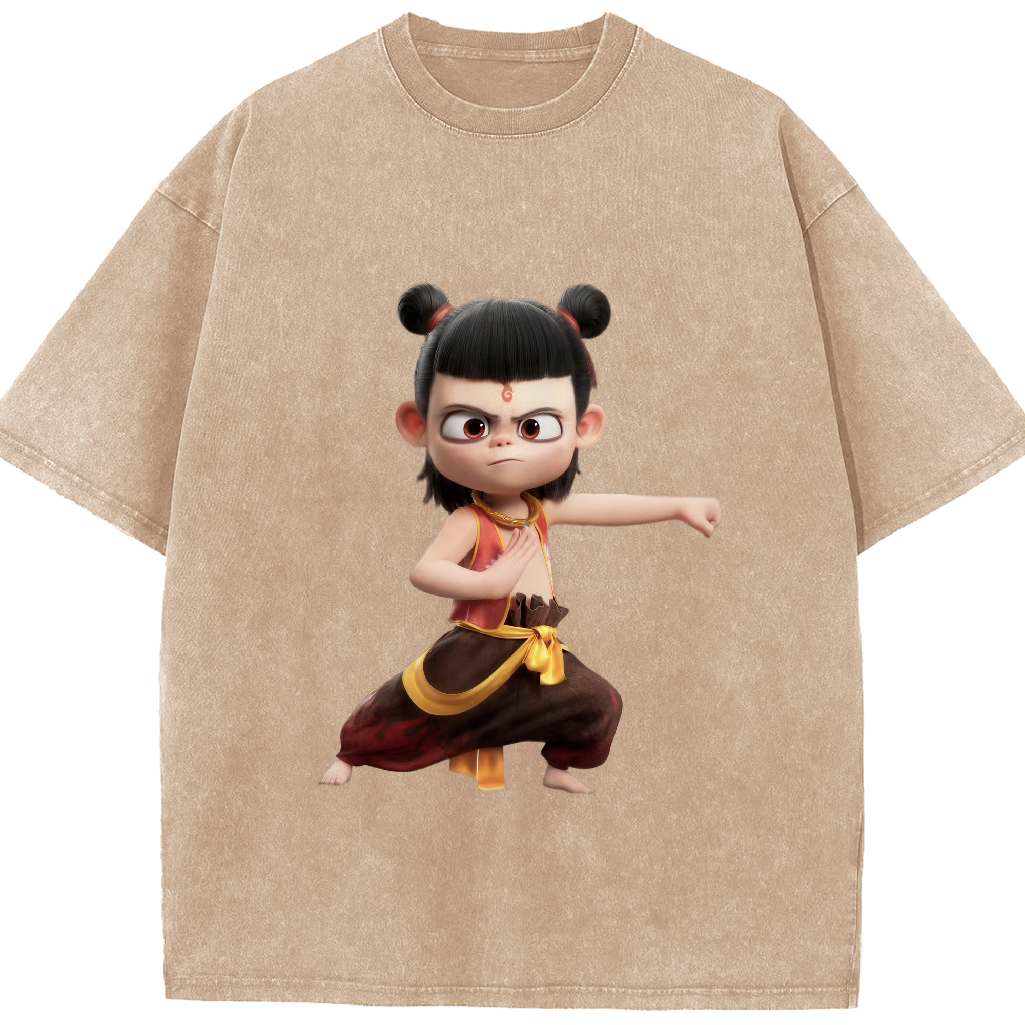 （画像用） Ne Zha 2 ナタ 魔童の大暴れ 綿100% ヴィンテージ風 半袖Tシャツ（フロントプリント）