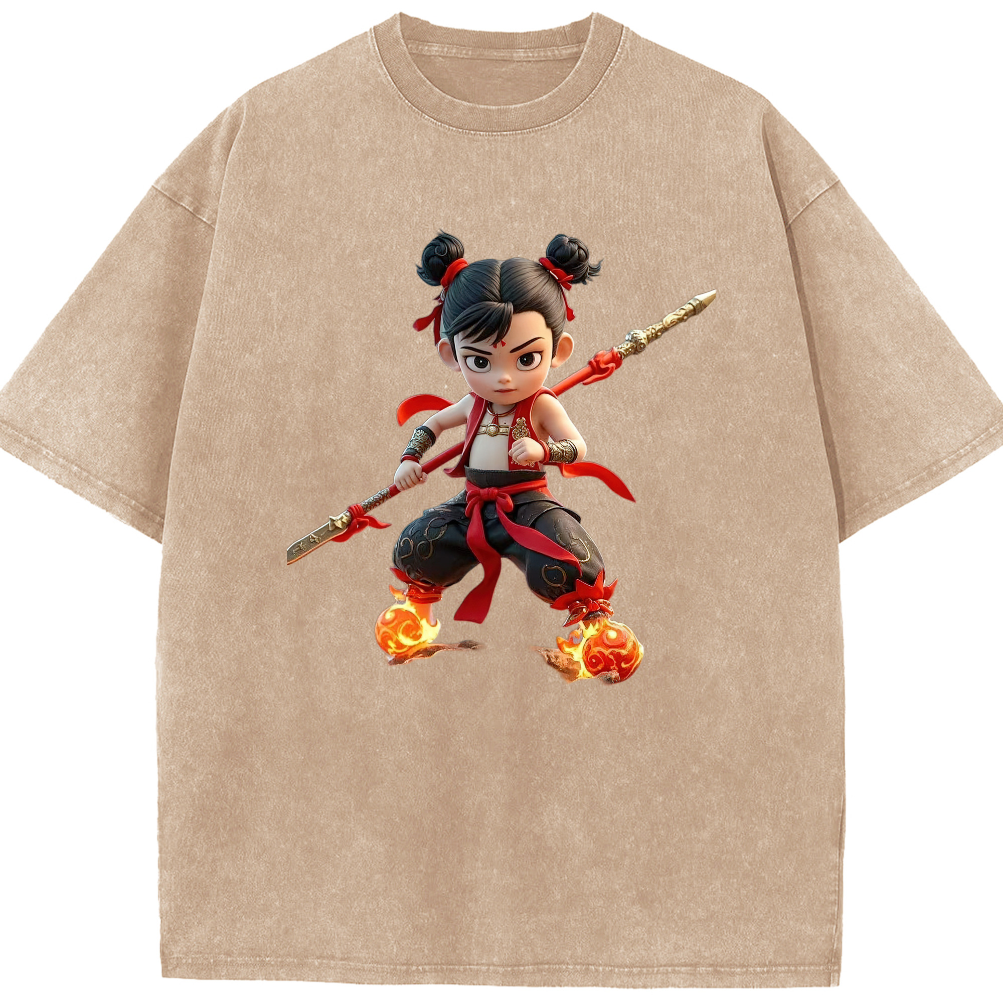 （画像用） Ne Zha 2 ナタ 魔童の大暴れ 綿100% ヴィンテージ風 半袖Tシャツ（フロントプリント）