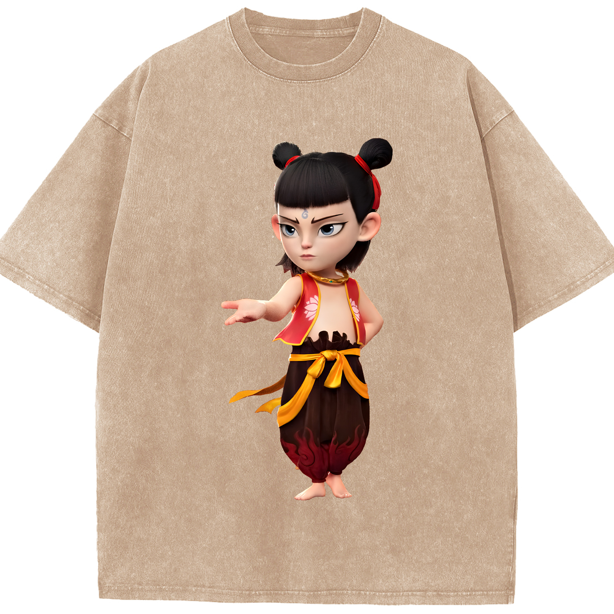（画像用） Ne Zha 2 ナタ 魔童の大暴れ 綿100% ヴィンテージ風 半袖Tシャツ（フロントプリント）