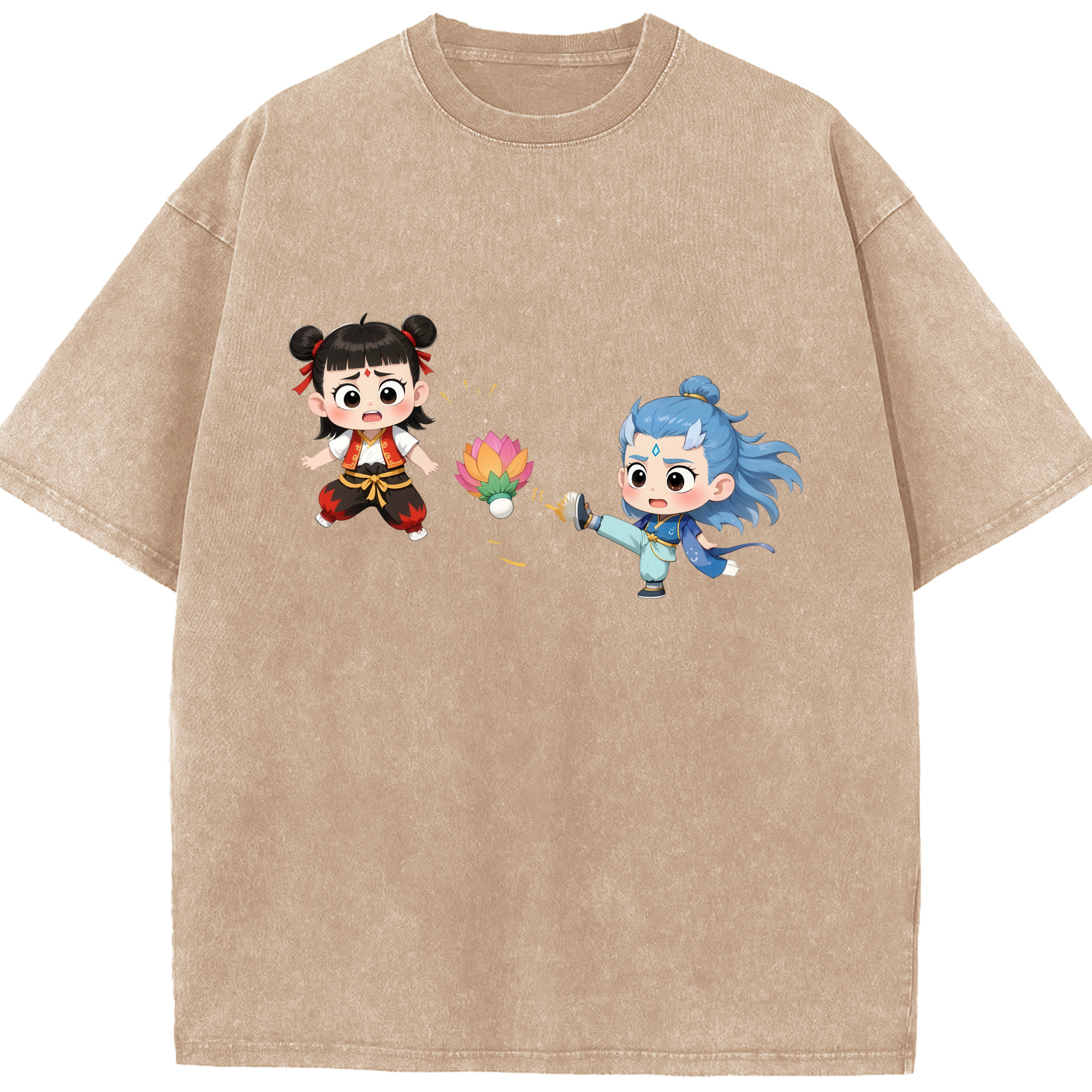 （画像用） Ne Zha 2 ナタ 魔童の大暴れ 綿100% ヴィンテージ風 半袖Tシャツ（フロントプリント）
