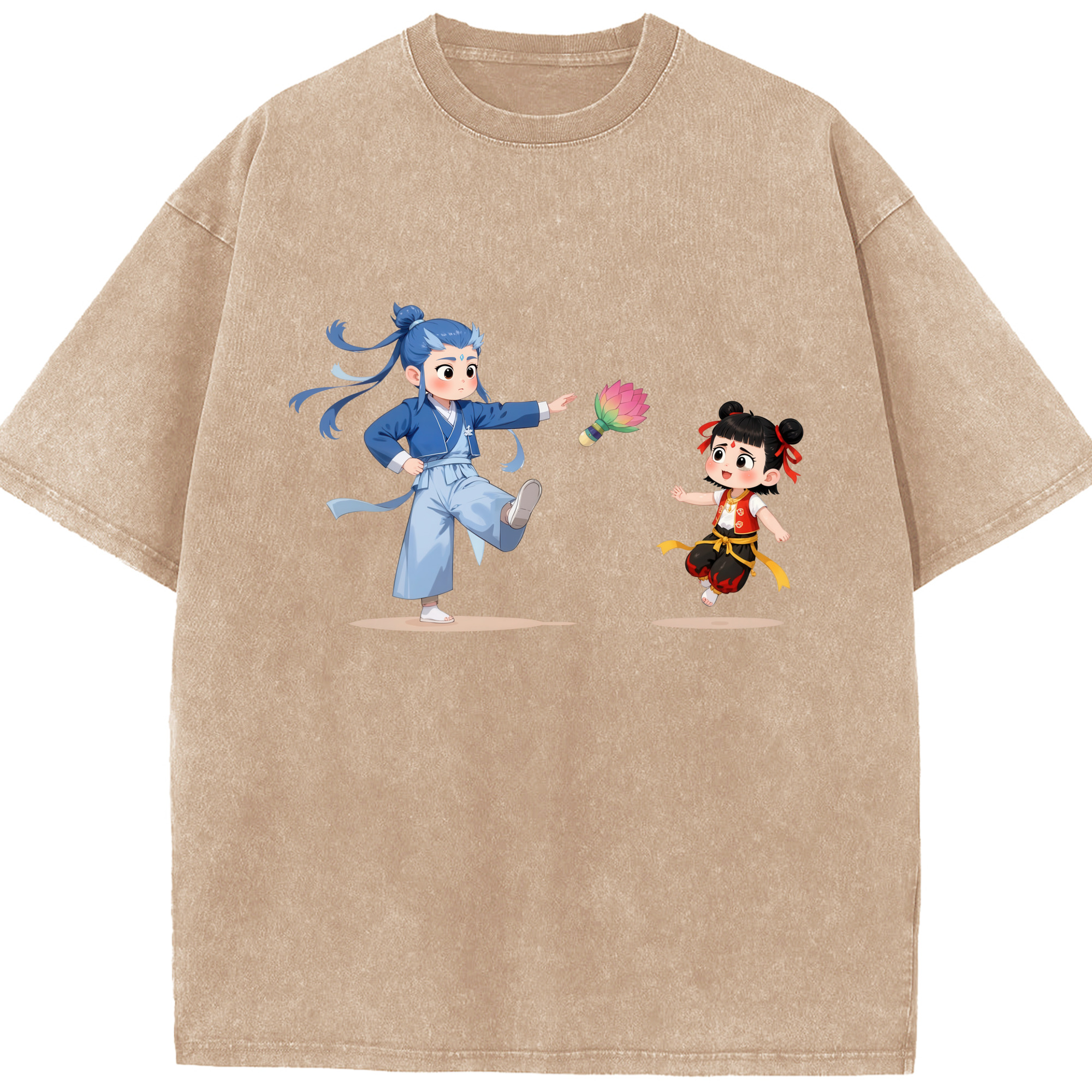（画像用） Ne Zha 2 ナタ 魔童の大暴れ 綿100% ヴィンテージ風 半袖Tシャツ（フロントプリント）