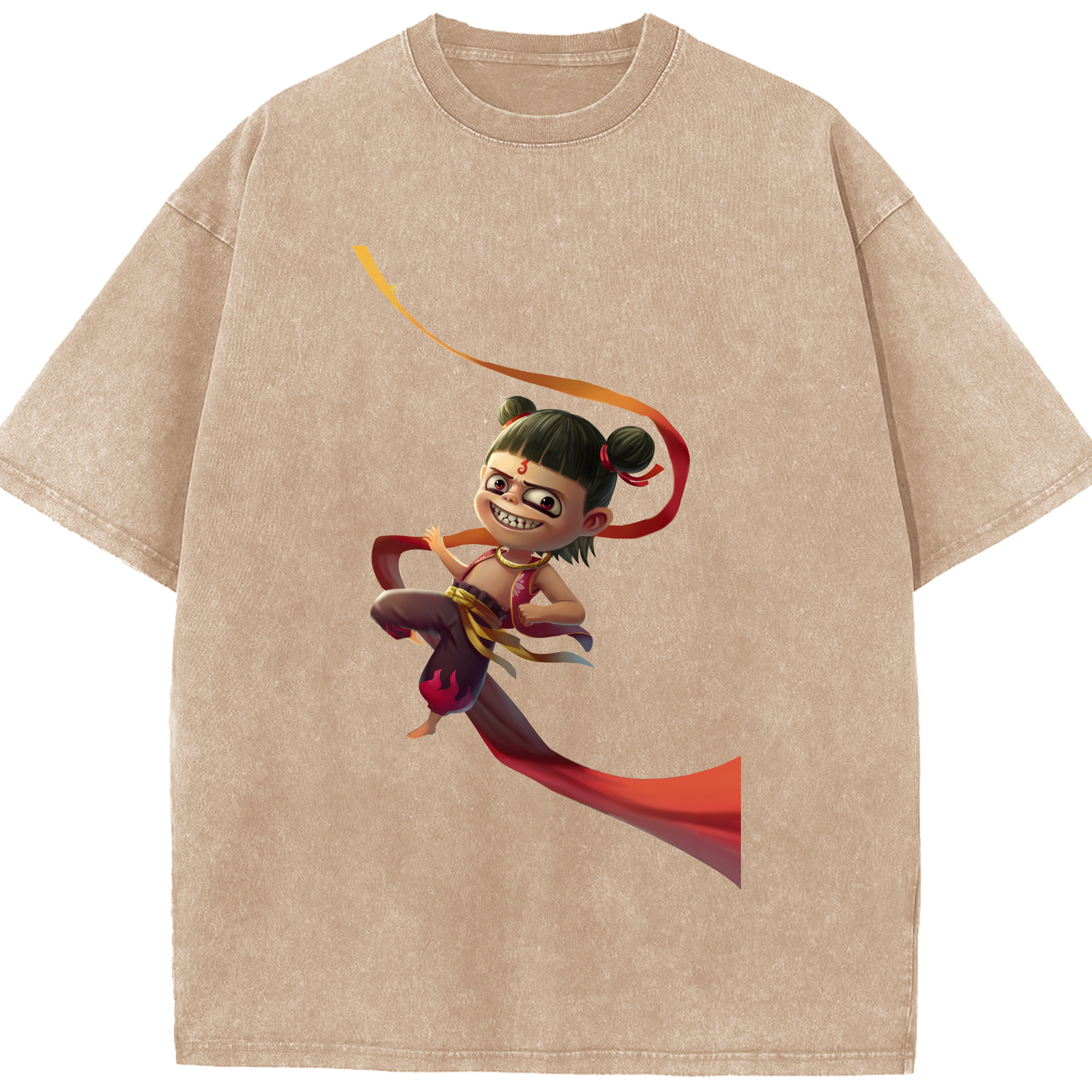 （画像用） Ne Zha 2 ナタ 魔童の大暴れ 綿100% ヴィンテージ風 半袖Tシャツ（フロントプリント）