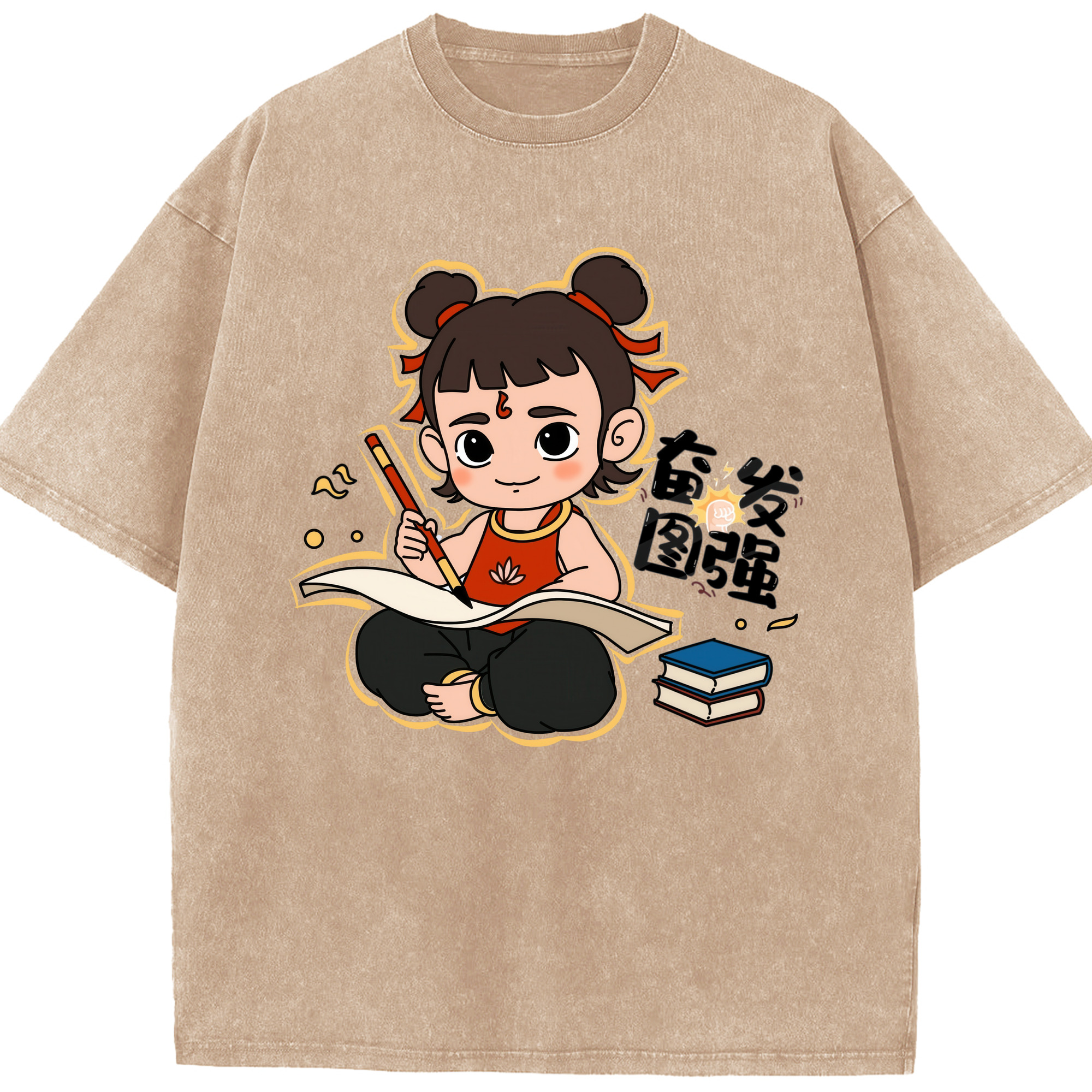 （画像用） Ne Zha 2 ナタ 魔童の大暴れ 綿100% ヴィンテージ風 半袖Tシャツ（フロントプリント）