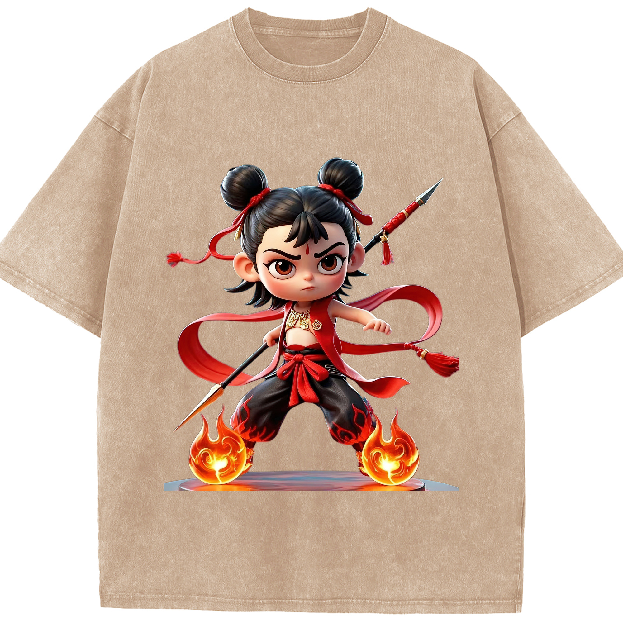 （画像用） Ne Zha 2 ナタ 魔童の大暴れ 綿100% ヴィンテージ風 半袖Tシャツ（フロントプリント）