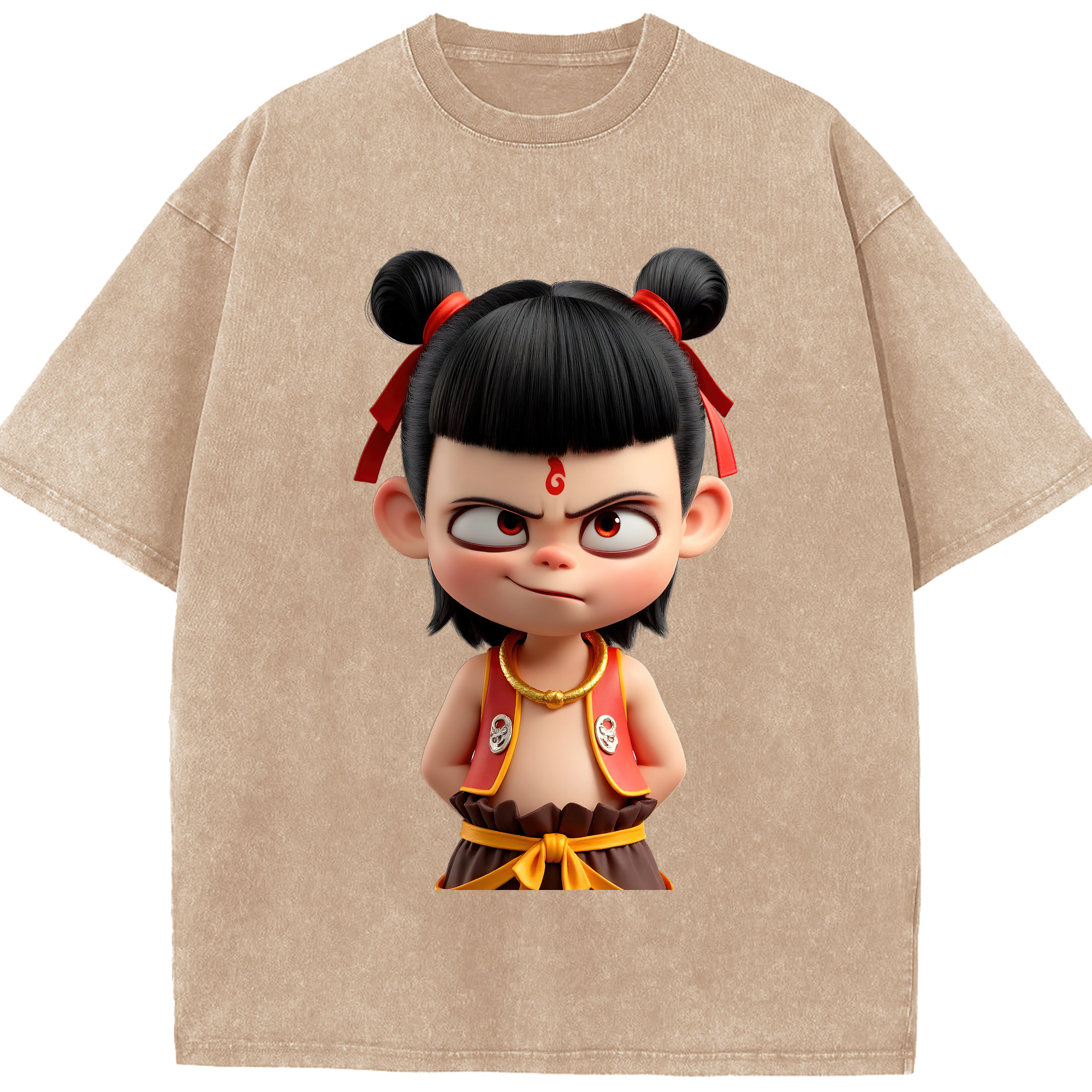 （画像用） Ne Zha 2 ナタ 魔童の大暴れ 綿100% ヴィンテージ風 半袖Tシャツ（フロントプリント）