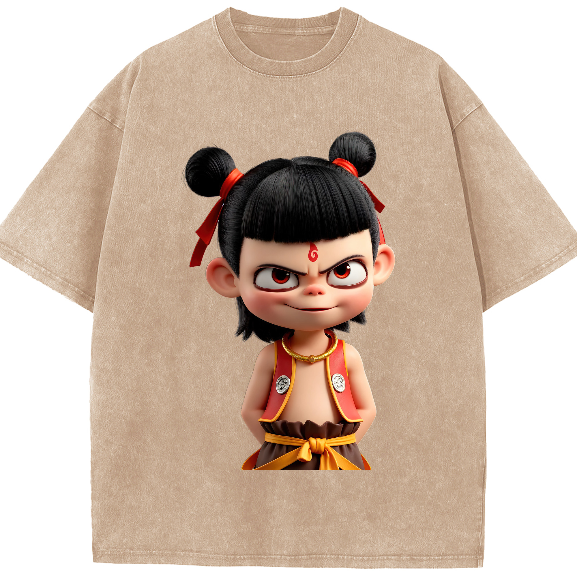 （画像用） Ne Zha 2 ナタ 魔童の大暴れ 綿100% ヴィンテージ風 半袖Tシャツ（フロントプリント）
