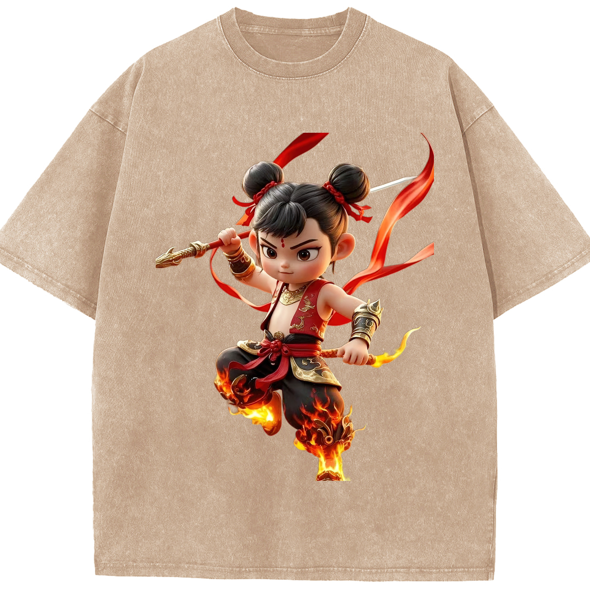 （画像用） Ne Zha 2 ナタ 魔童の大暴れ 綿100% ヴィンテージ風 半袖Tシャツ（フロントプリント）