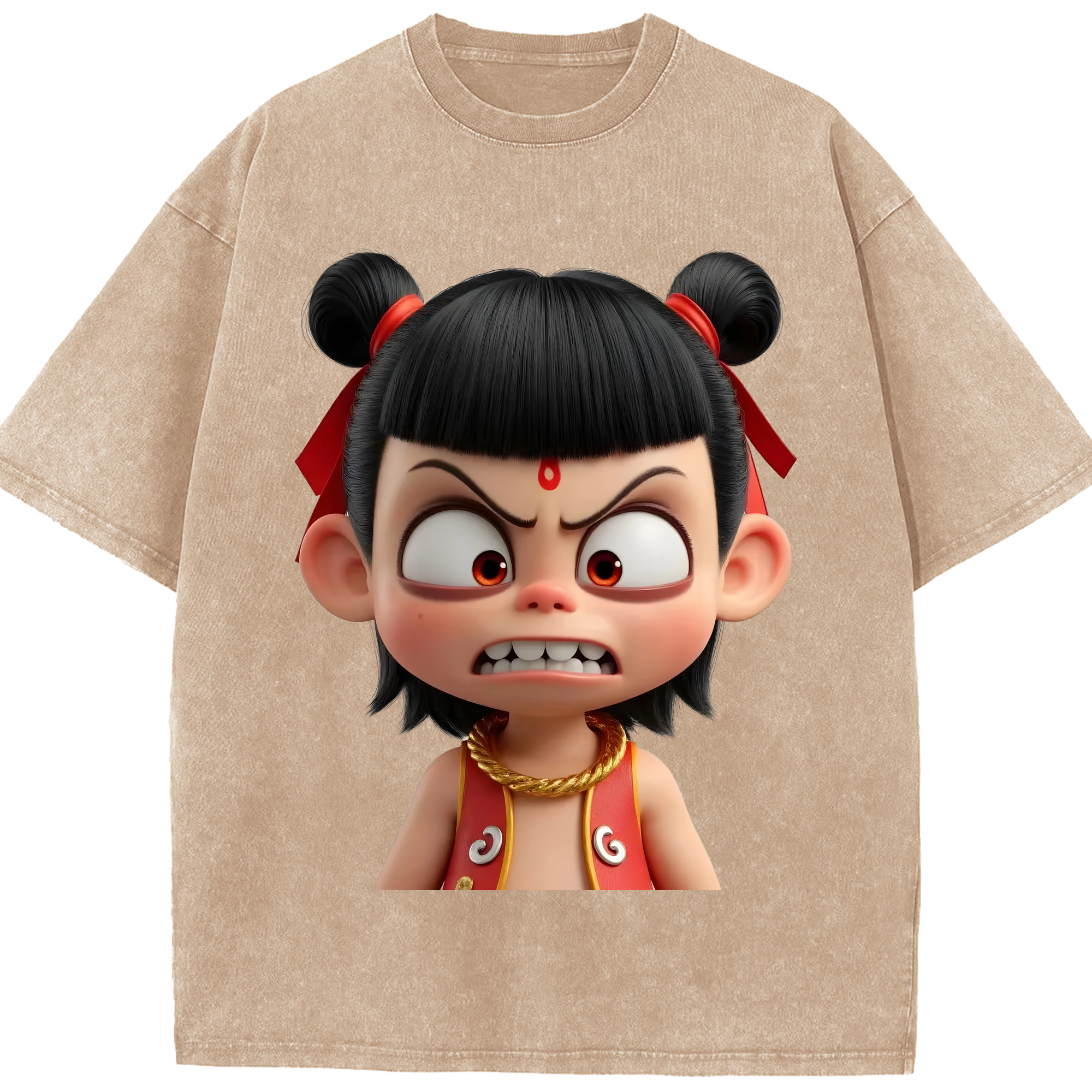 （画像用） Ne Zha 2 ナタ 魔童の大暴れ 綿100% ヴィンテージ風 半袖Tシャツ（フロントプリント）