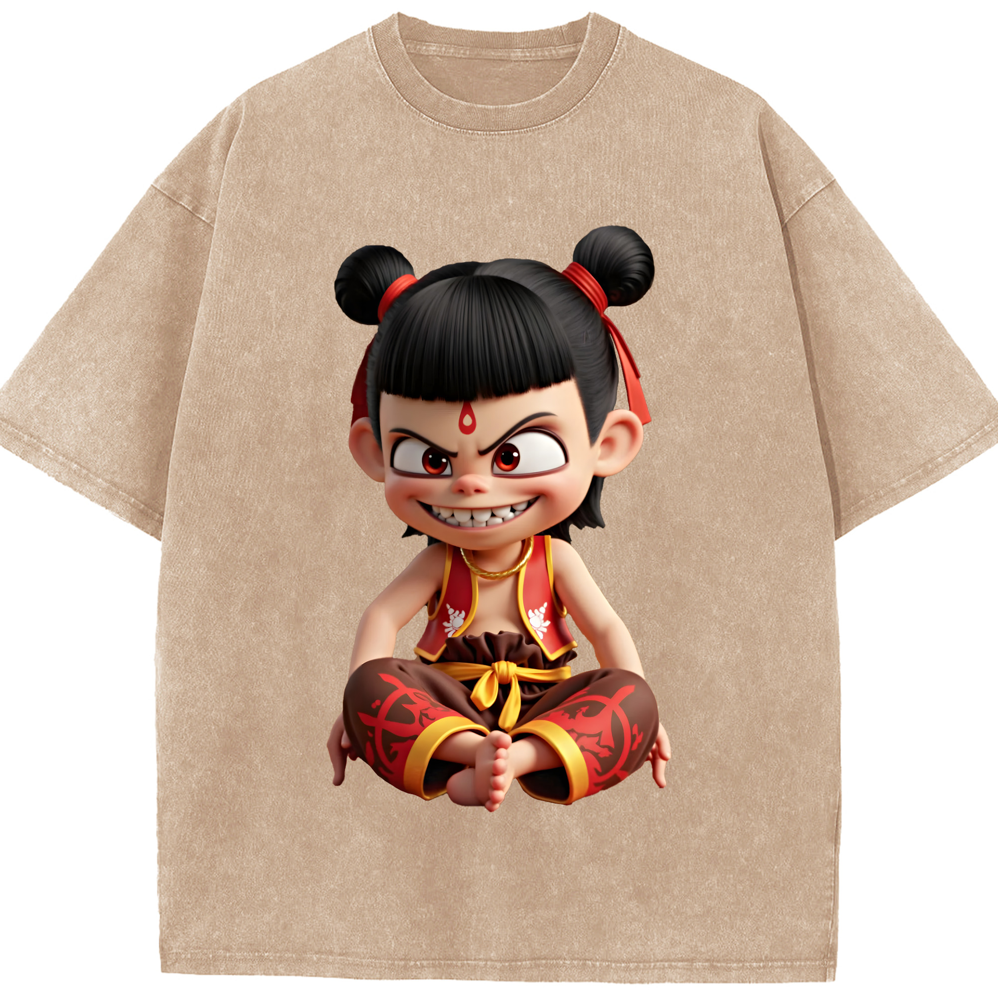 （画像用） Ne Zha 2 ナタ 魔童の大暴れ 綿100% ヴィンテージ風 半袖Tシャツ（フロントプリント）
