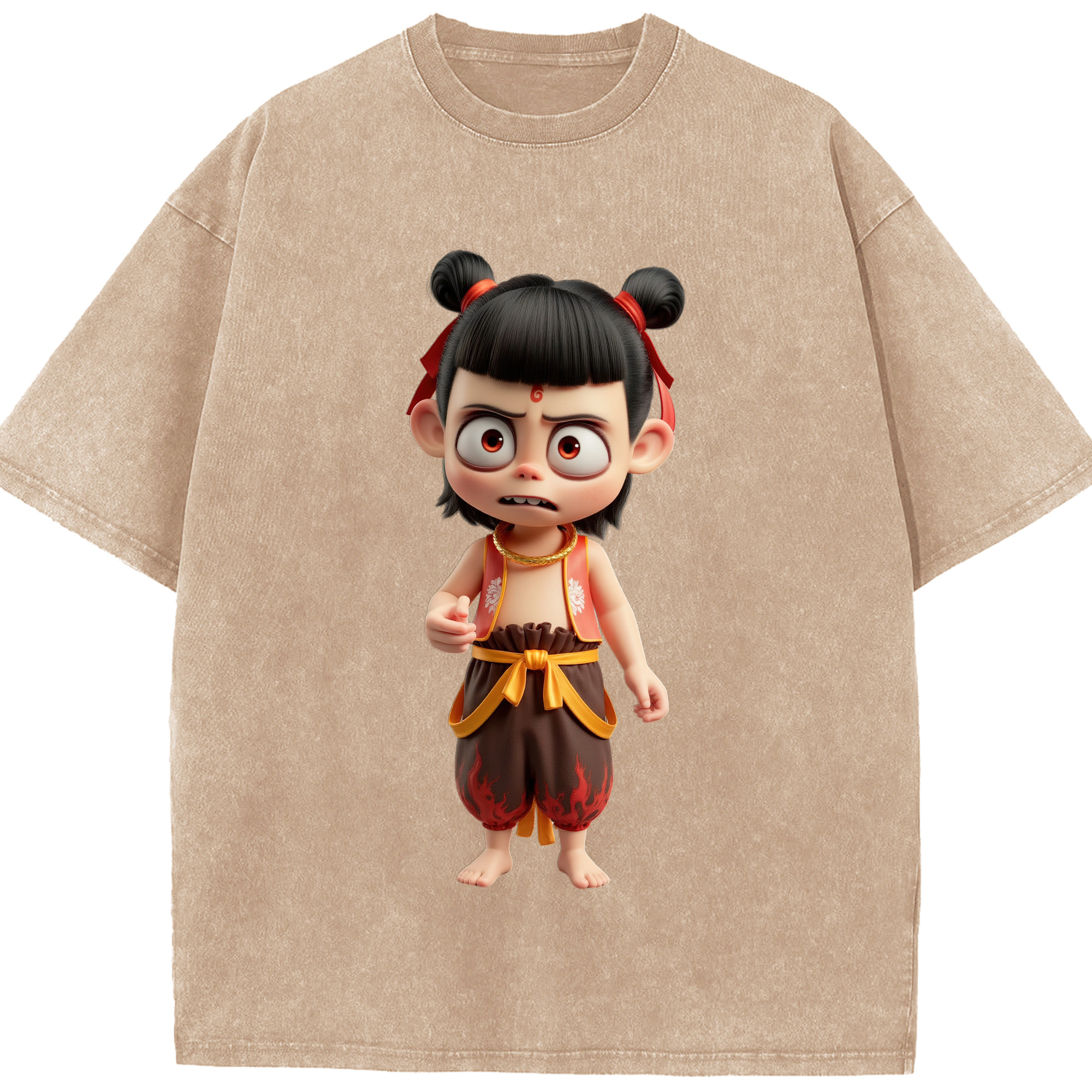 （画像用） Ne Zha 2 ナタ 魔童の大暴れ 綿100% ヴィンテージ風 半袖Tシャツ（フロントプリント）