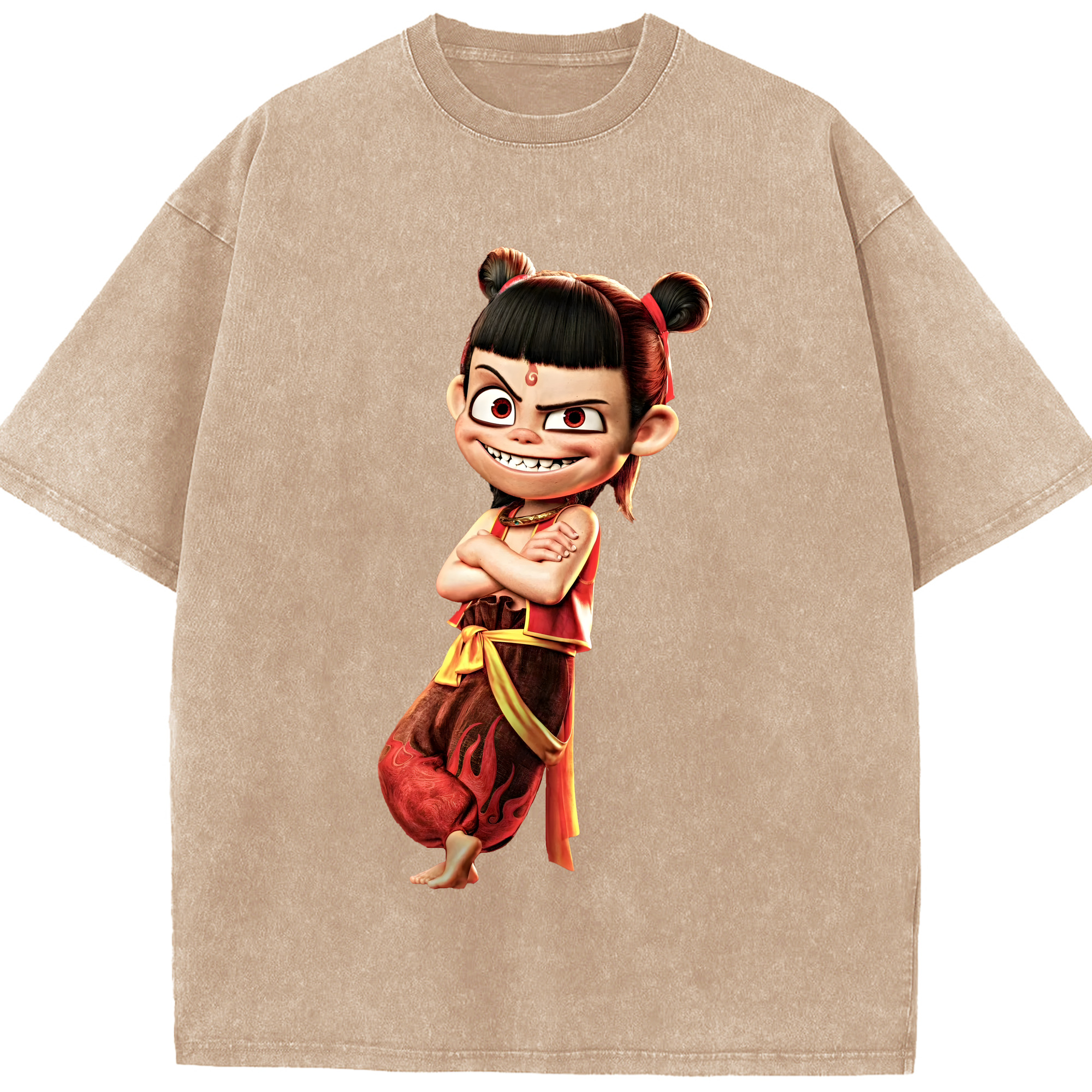 （画像用） Ne Zha 2 ナタ 魔童の大暴れ 綿100% ヴィンテージ風 半袖Tシャツ（フロントプリント）