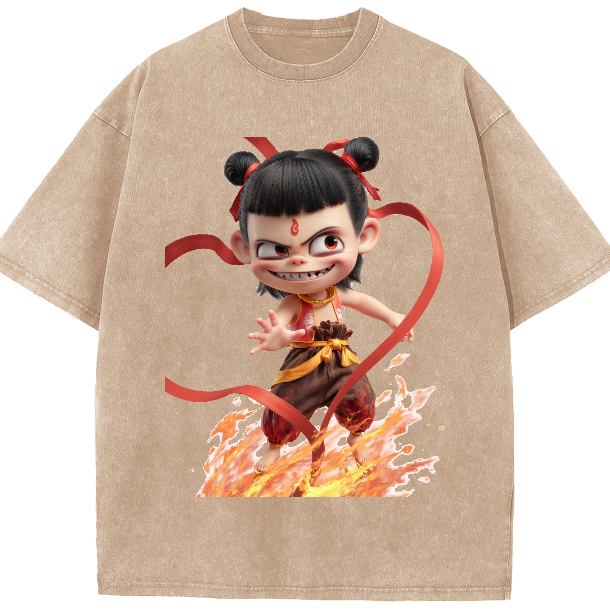 （画像用） Ne Zha 2 ナタ 魔童の大暴れ 綿100% ヴィンテージ風 半袖Tシャツ（フロントプリント）