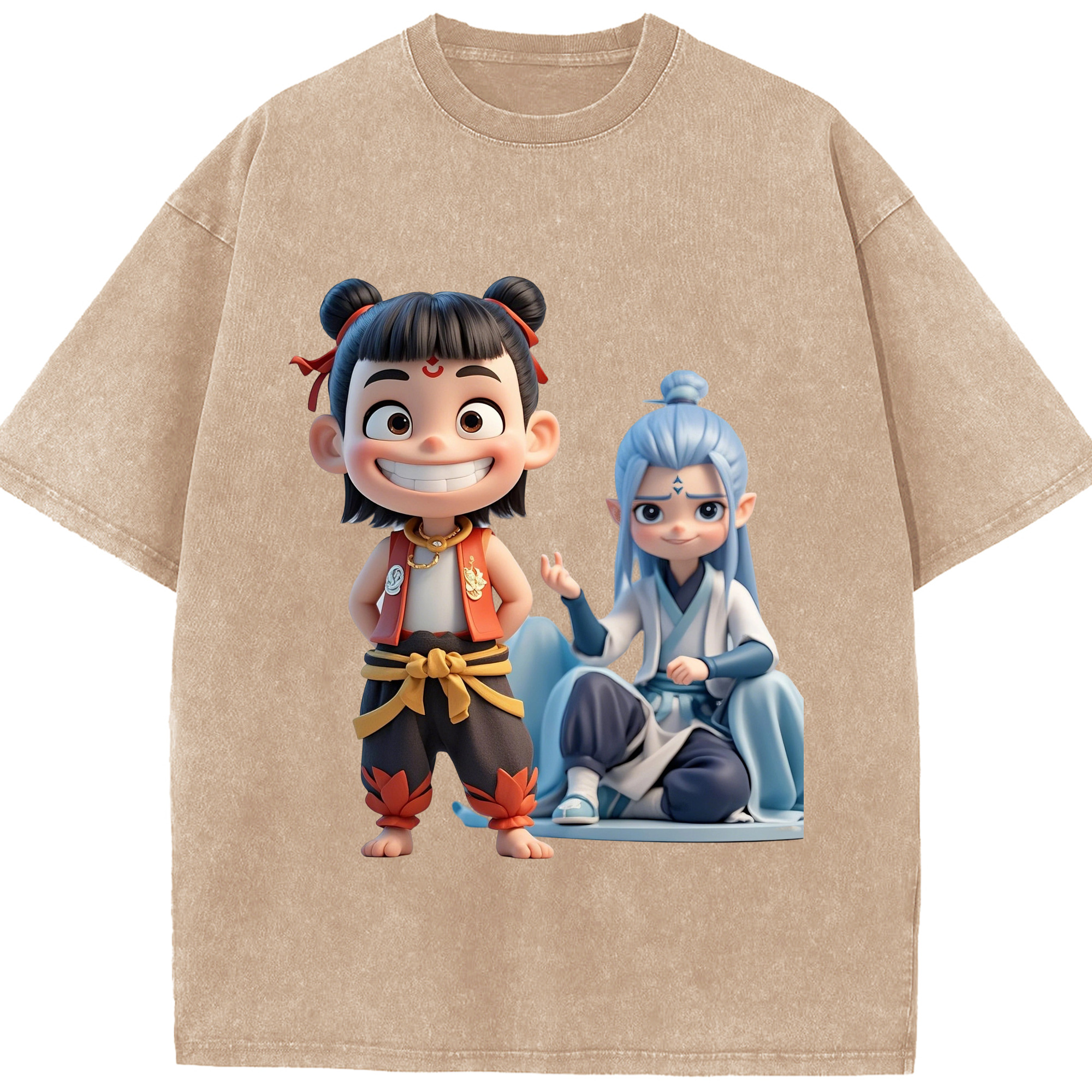 （画像用） Ne Zha 2 ナタ 魔童の大暴れ 綿100% ヴィンテージ風 半袖Tシャツ（フロントプリント）