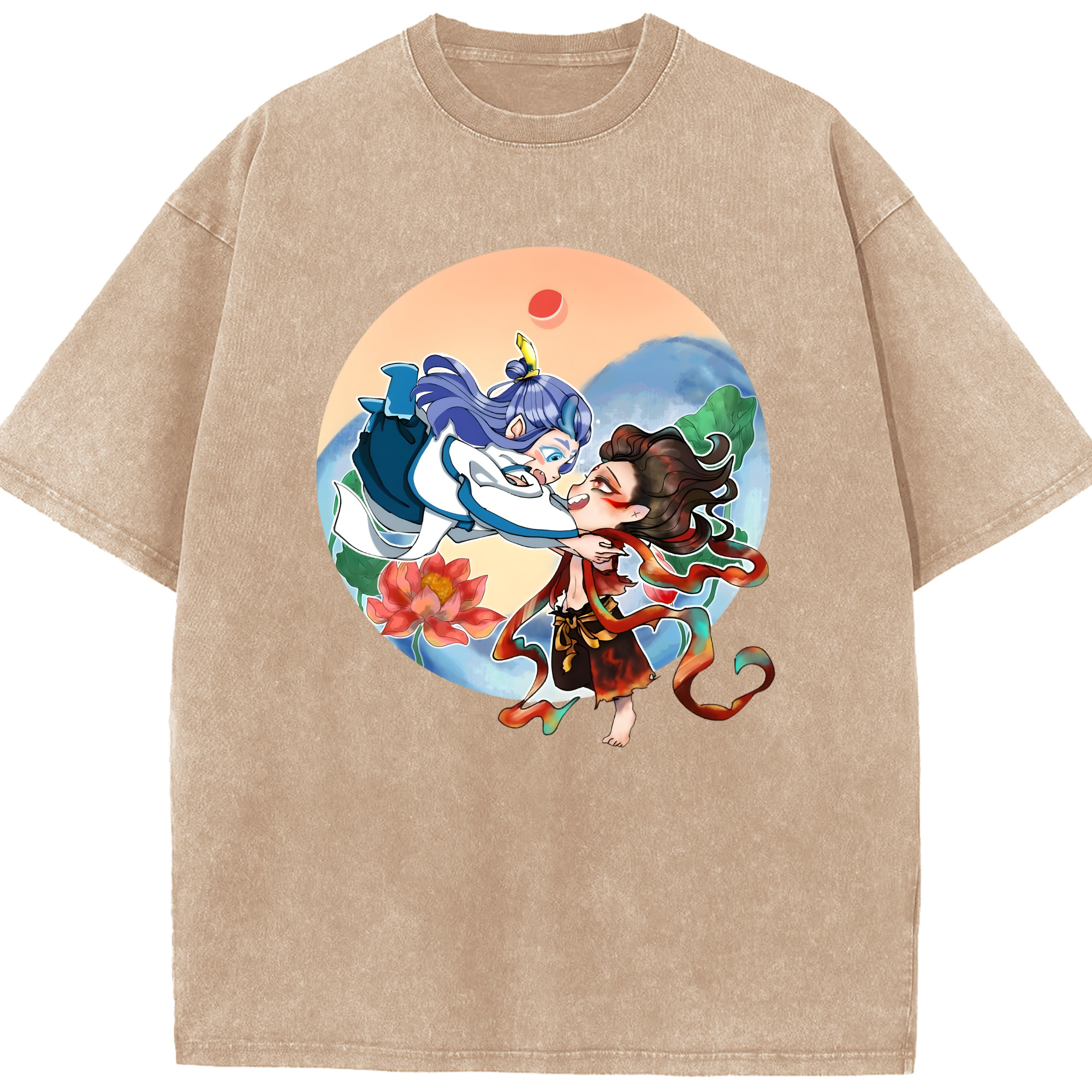 （画像用） Ne Zha 2 ナタ 魔童の大暴れ 綿100% ヴィンテージ風 半袖Tシャツ（フロントプリント）