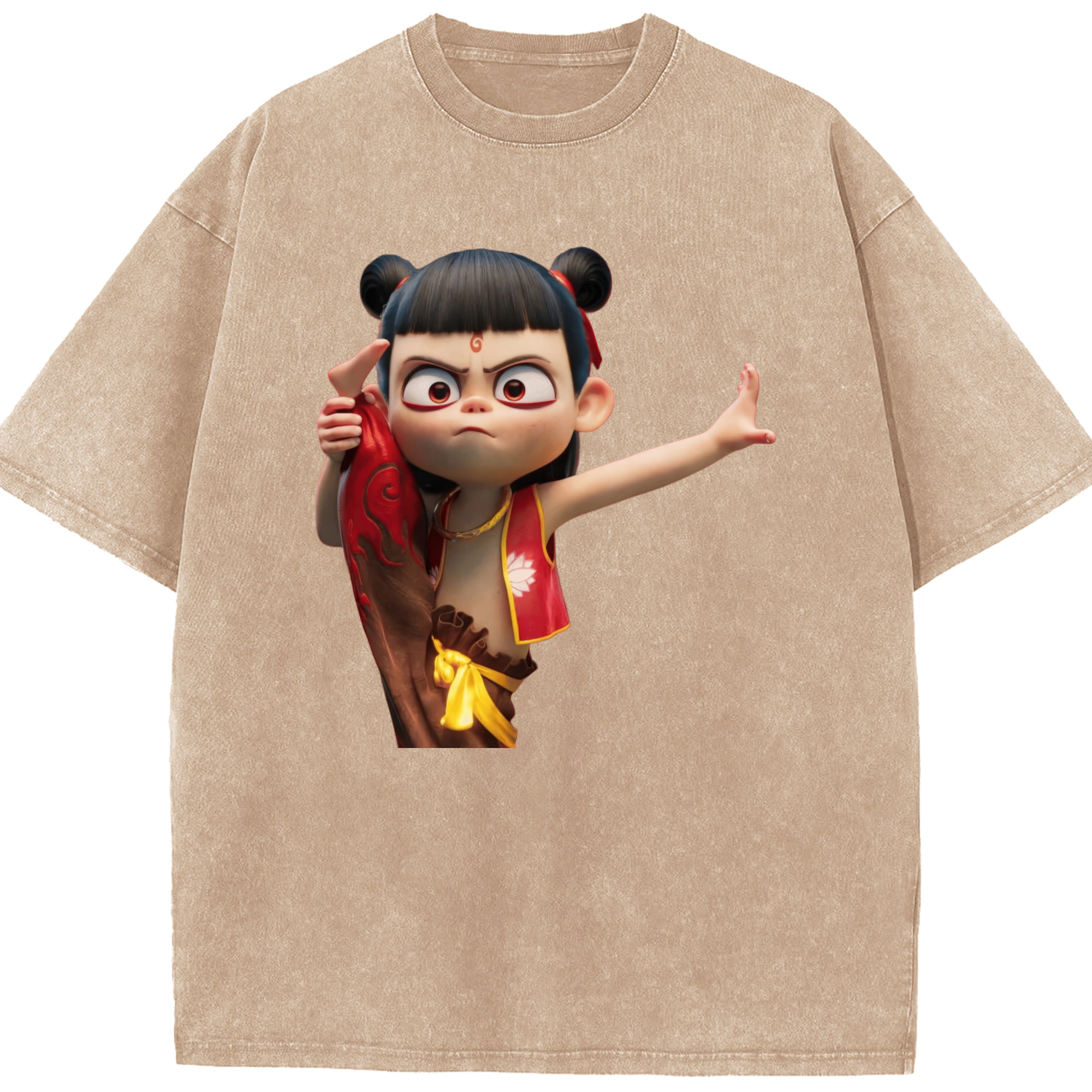 （画像用） Ne Zha 2 ナタ 魔童の大暴れ 綿100% ヴィンテージ風 半袖Tシャツ（フロントプリント）