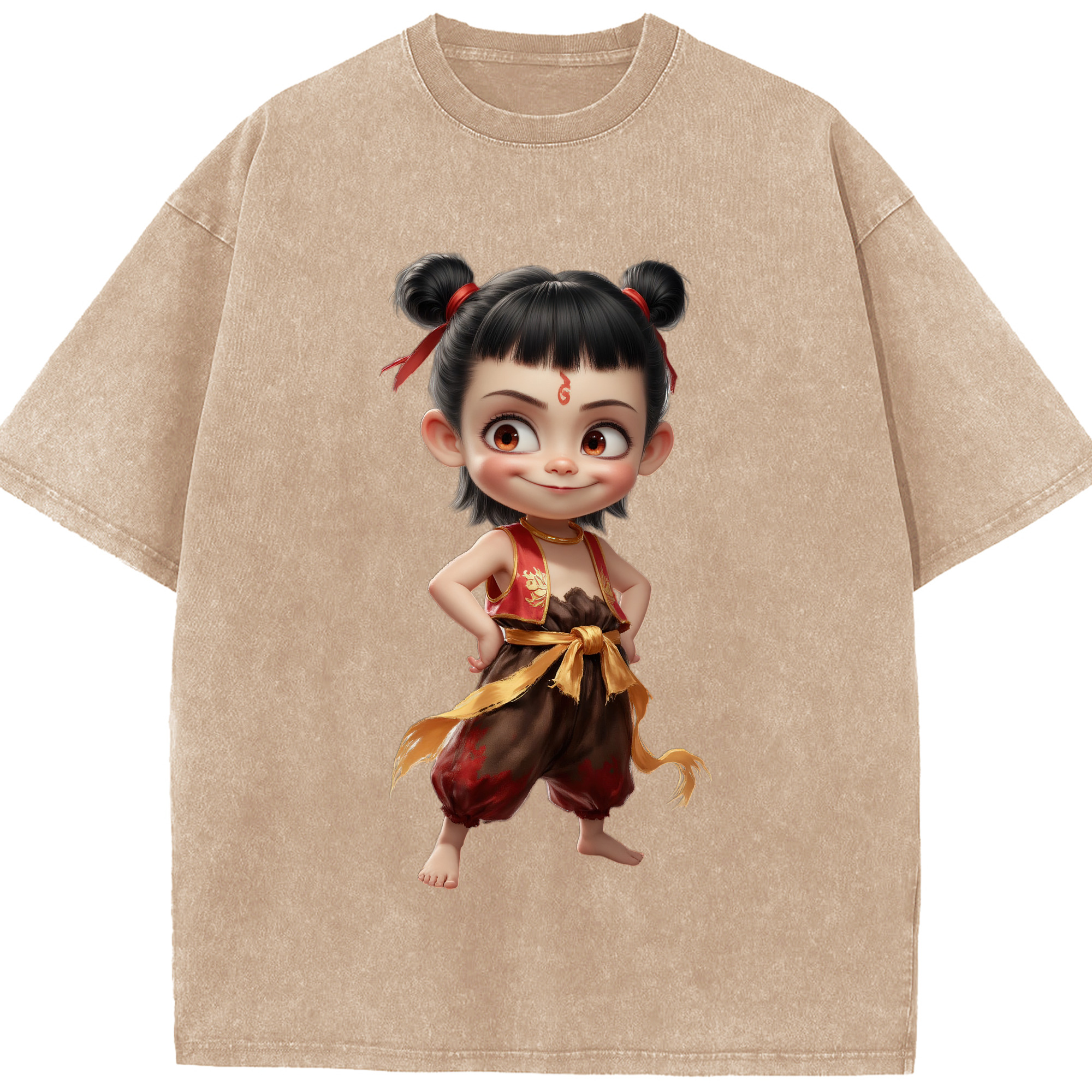 （画像用） Ne Zha 2 ナタ 魔童の大暴れ 綿100% ヴィンテージ風 半袖Tシャツ（フロントプリント）