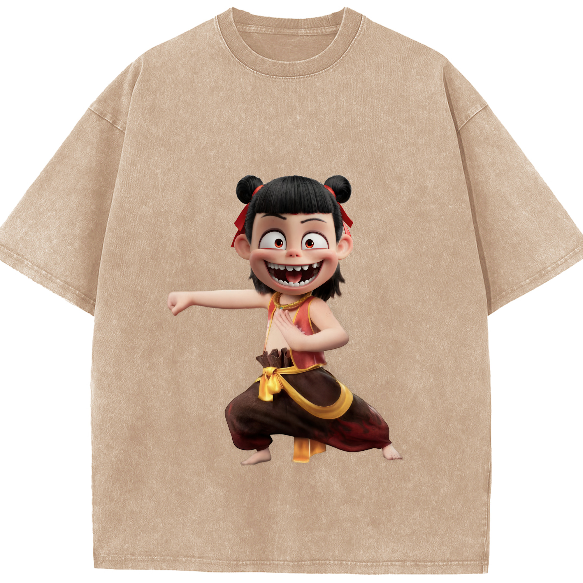 （画像用） Ne Zha 2 ナタ 魔童の大暴れ 綿100% ヴィンテージ風 半袖Tシャツ（フロントプリント）