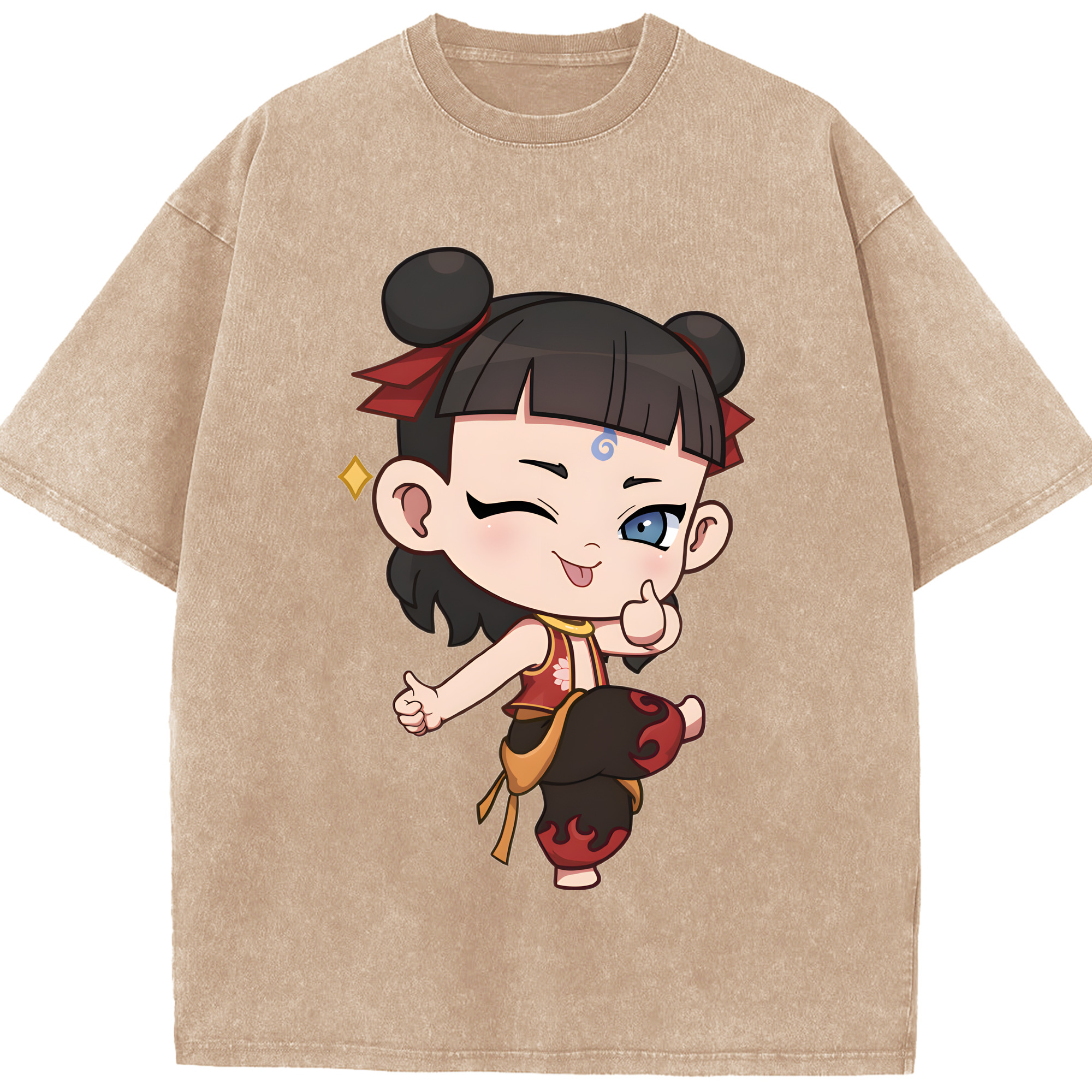 （画像用） Ne Zha 2 ナタ 魔童の大暴れ 綿100% ヴィンテージ風 半袖Tシャツ（フロントプリント）