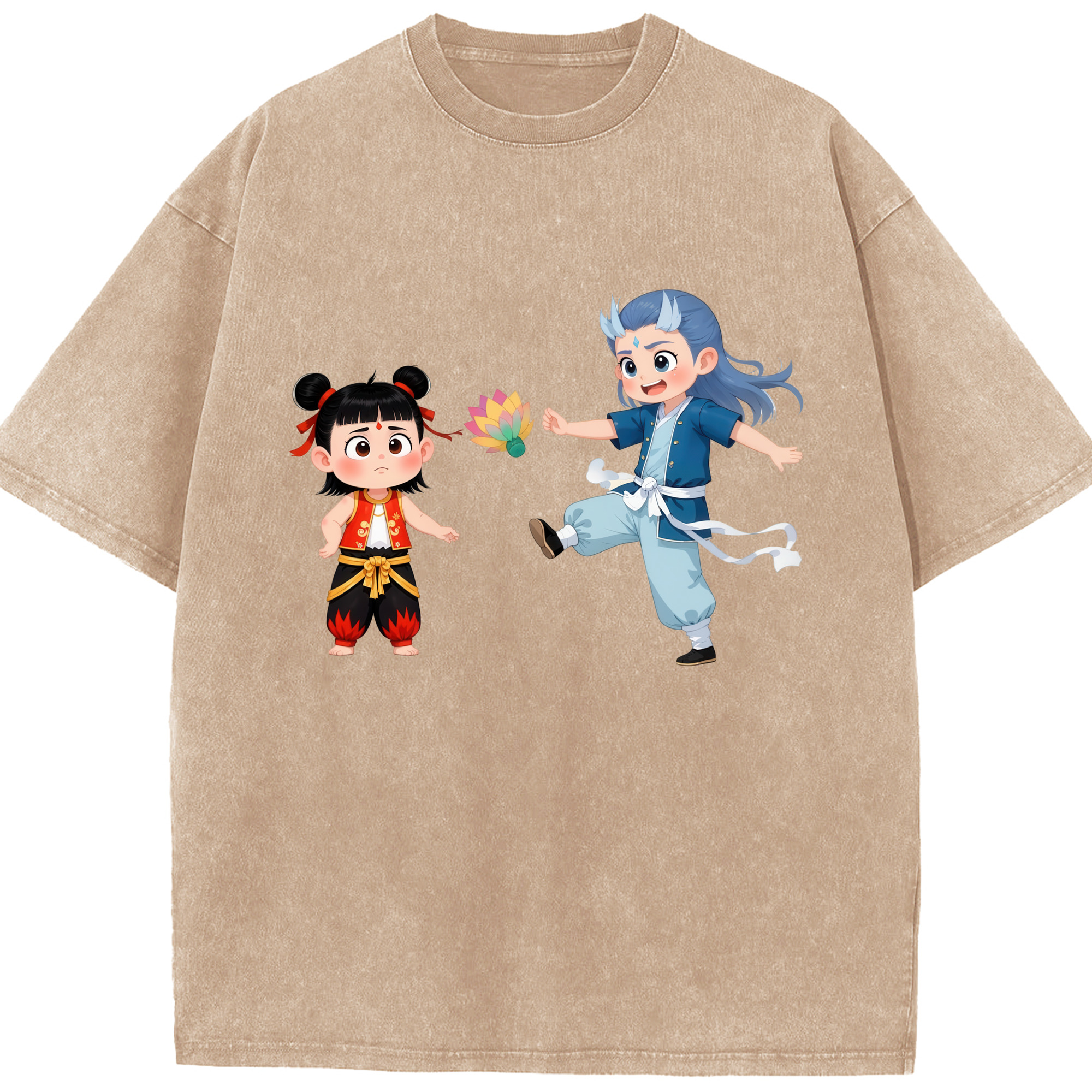 （画像用） Ne Zha 2 ナタ 魔童の大暴れ 綿100% ヴィンテージ風 半袖Tシャツ（フロントプリント）
