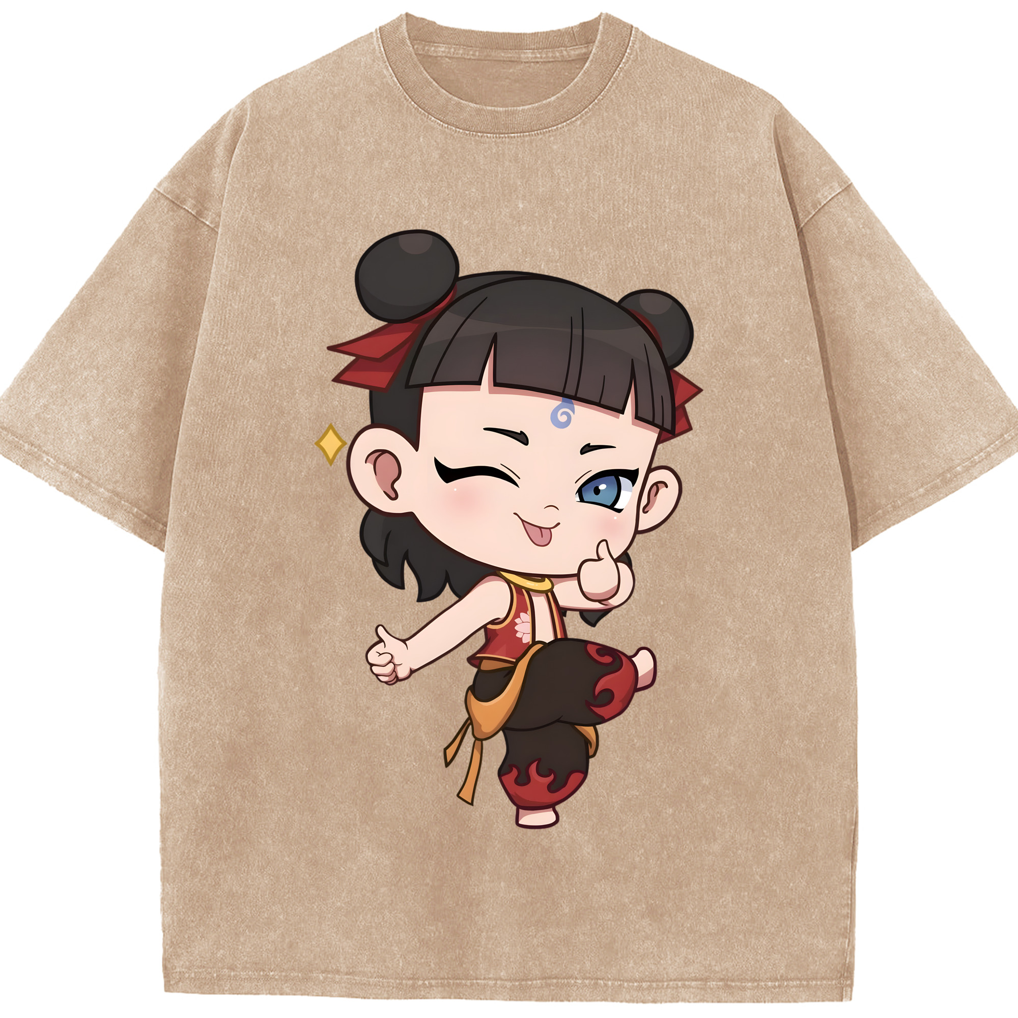 （画像用） Ne Zha 2 ナタ 魔童の大暴れ 綿100% ヴィンテージ風 半袖Tシャツ（フロントプリント）
