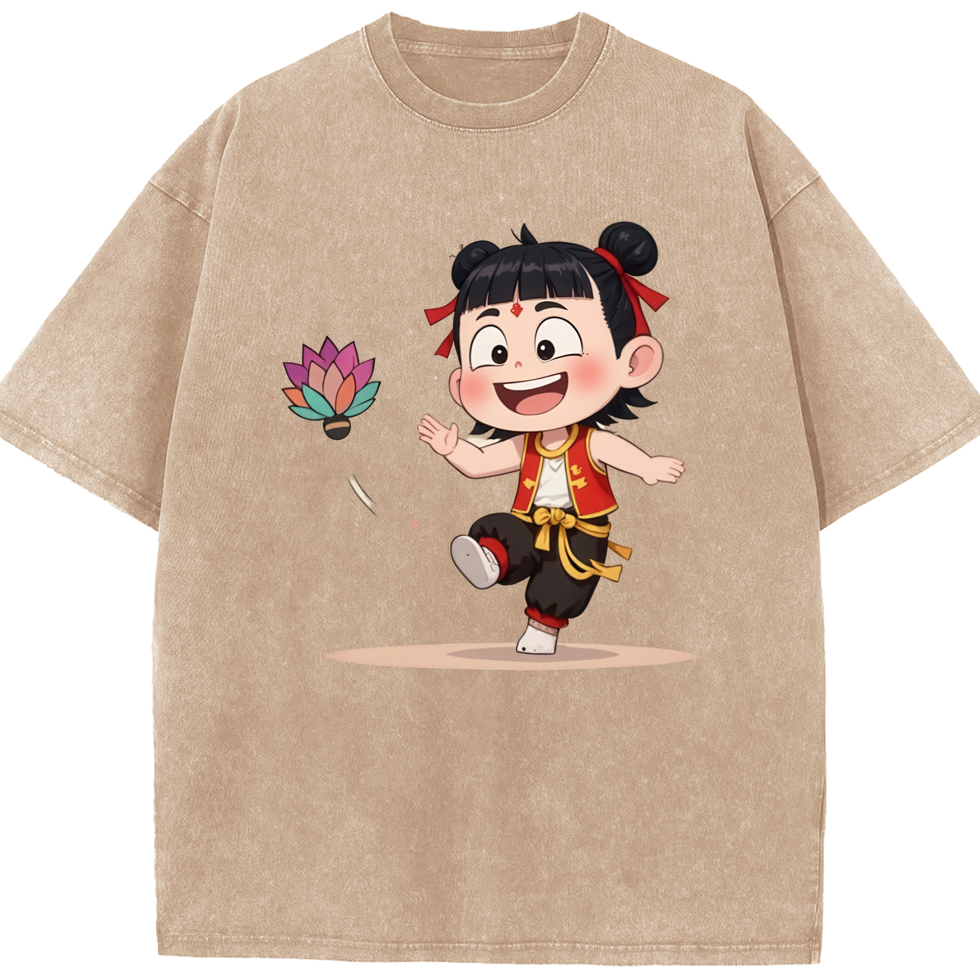 （画像用） Ne Zha 2 ナタ 魔童の大暴れ 綿100% ヴィンテージ風 半袖Tシャツ（フロントプリント）