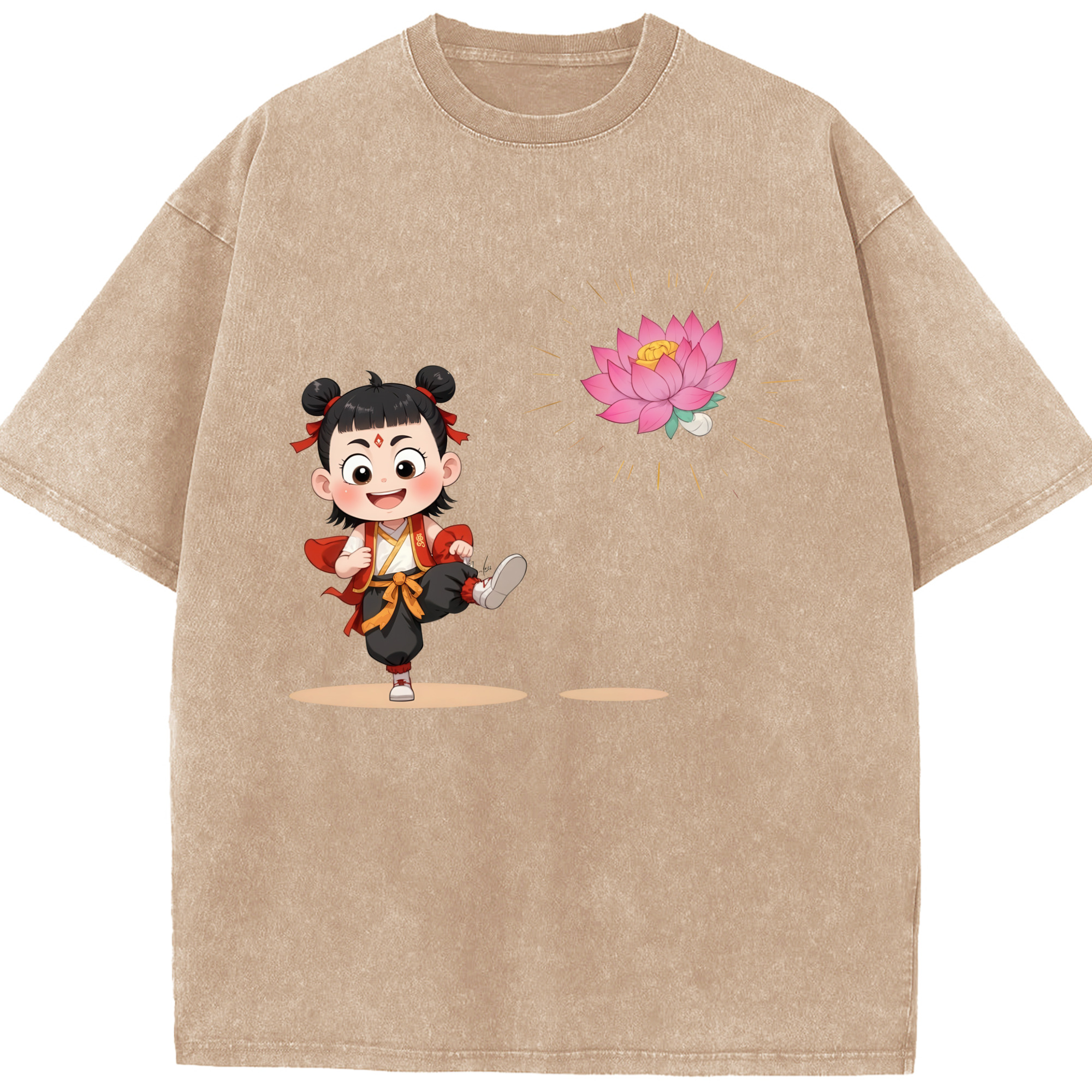 （画像用） Ne Zha 2 ナタ 魔童の大暴れ 綿100% ヴィンテージ風 半袖Tシャツ（フロントプリント）