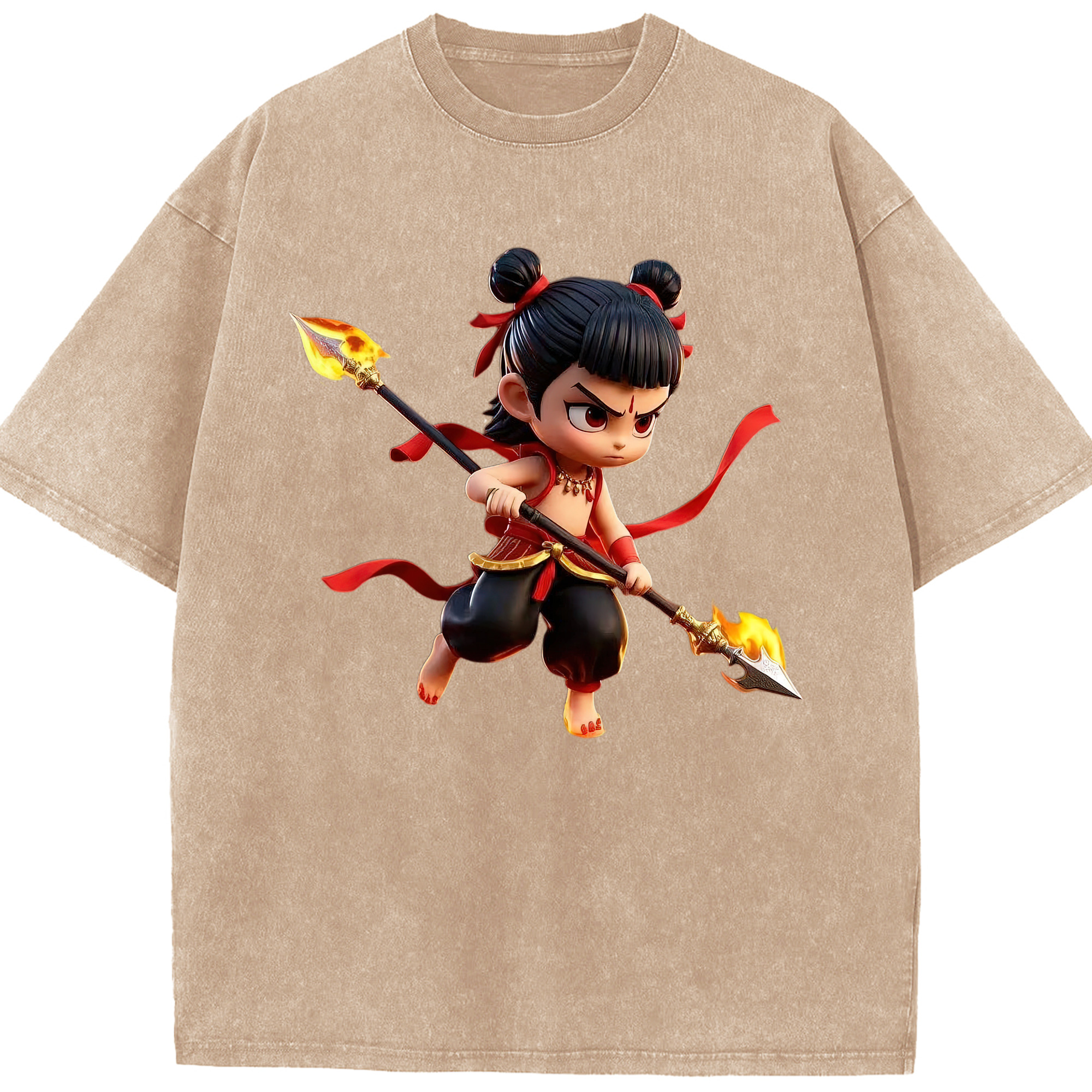 （画像用） Ne Zha 2 ナタ 魔童の大暴れ 綿100% ヴィンテージ風 半袖Tシャツ（フロントプリント）