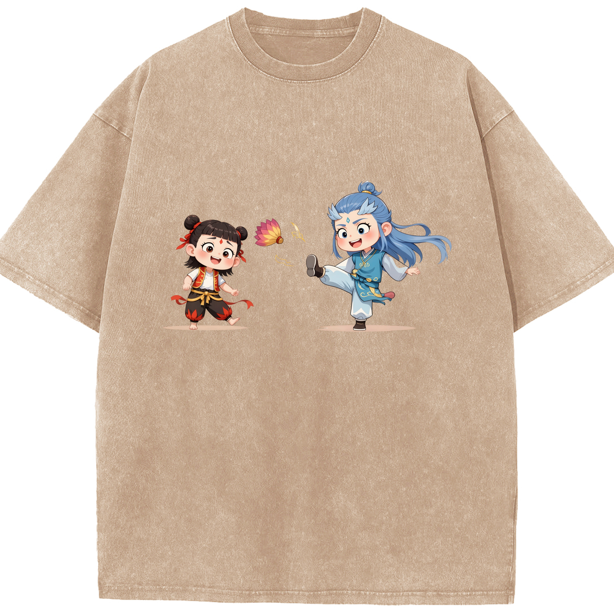 （画像用） Ne Zha 2 ナタ 魔童の大暴れ 綿100% ヴィンテージ風 半袖Tシャツ（フロントプリント）