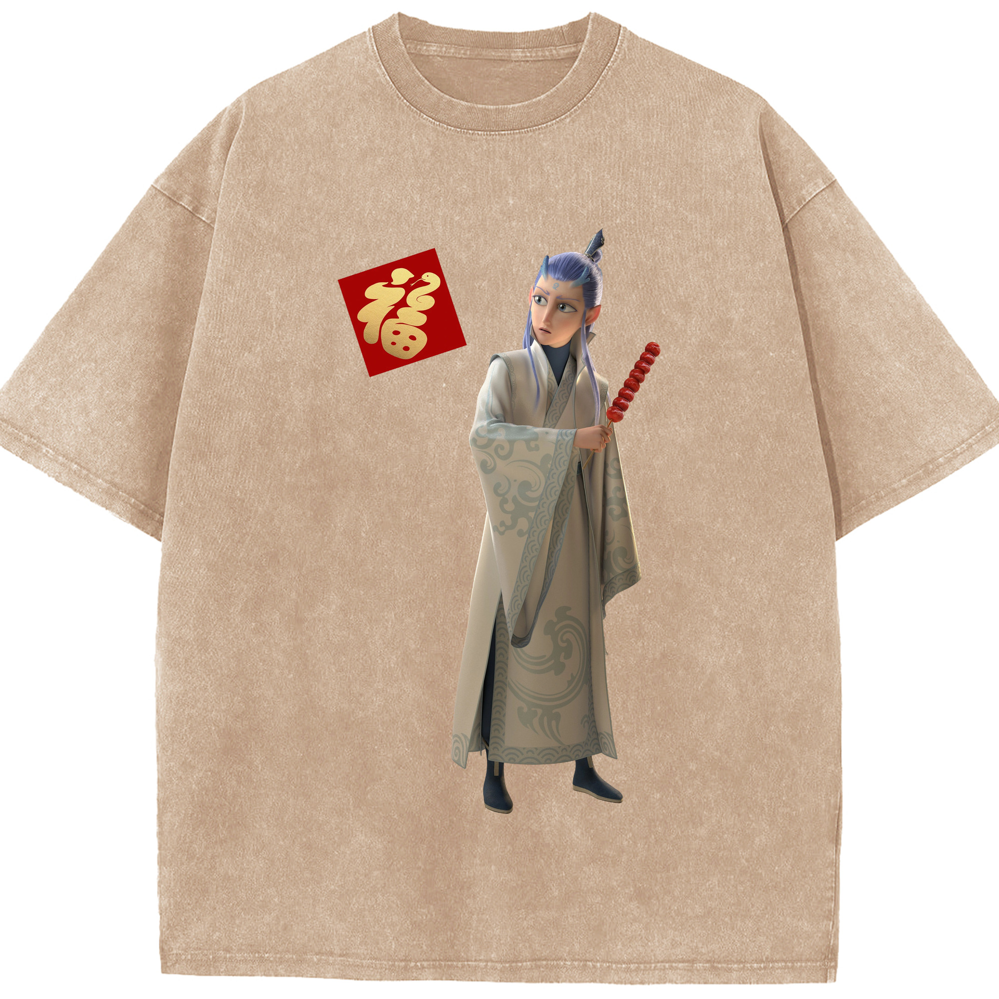 （画像用） Ne Zha 2 ナタ 魔童の大暴れ 綿100% ヴィンテージ風 半袖Tシャツ（フロントプリント）
