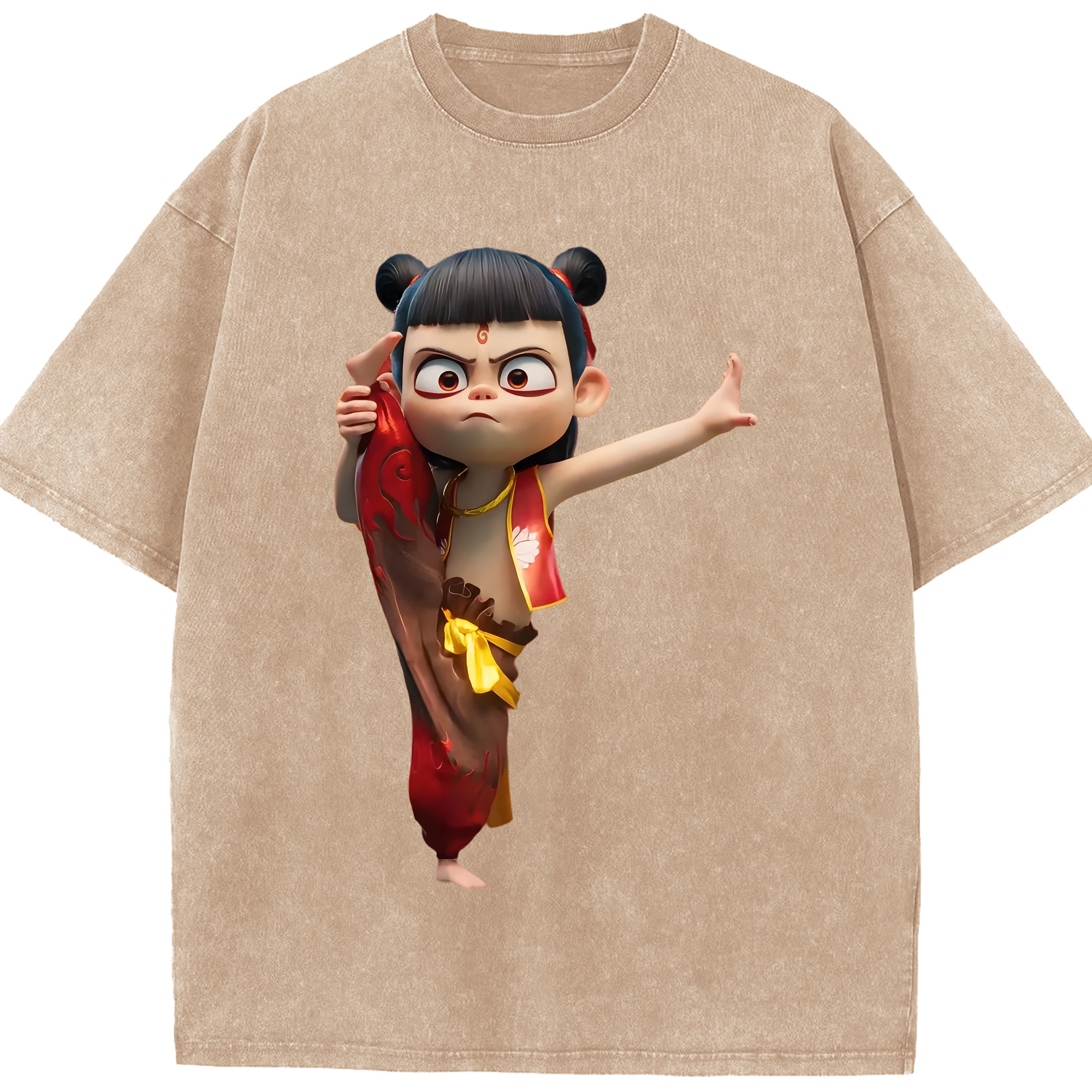 （画像用） Ne Zha 2 ナタ 魔童の大暴れ 綿100% ヴィンテージ風 半袖Tシャツ（フロントプリント）