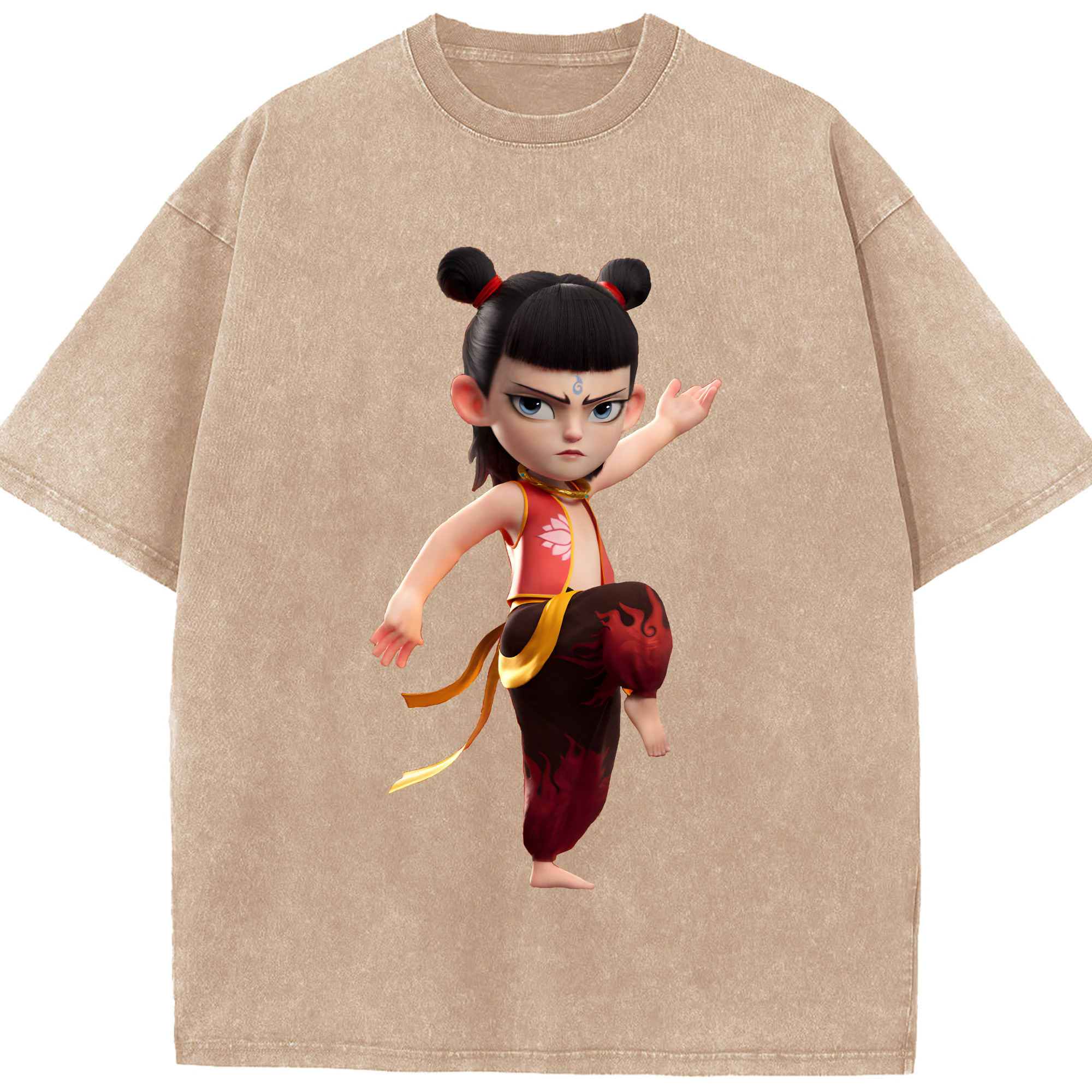 （画像用） Ne Zha 2 ナタ 魔童の大暴れ 綿100% ヴィンテージ風 半袖Tシャツ（フロントプリント）