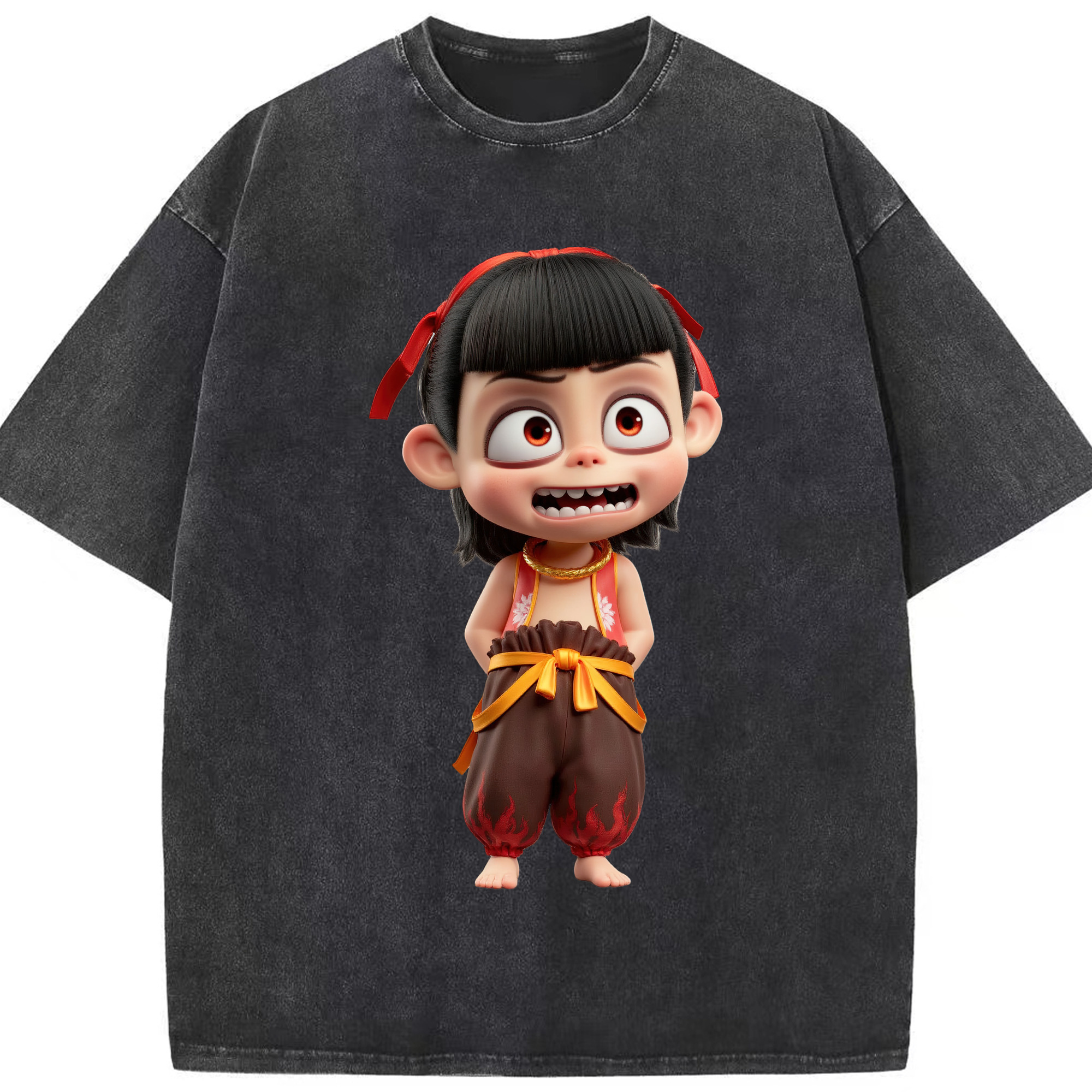 （画像用） Ne Zha 2 ナタ 魔童の大暴れ 綿100% ヴィンテージ風 半袖Tシャツ（フロントプリント）
