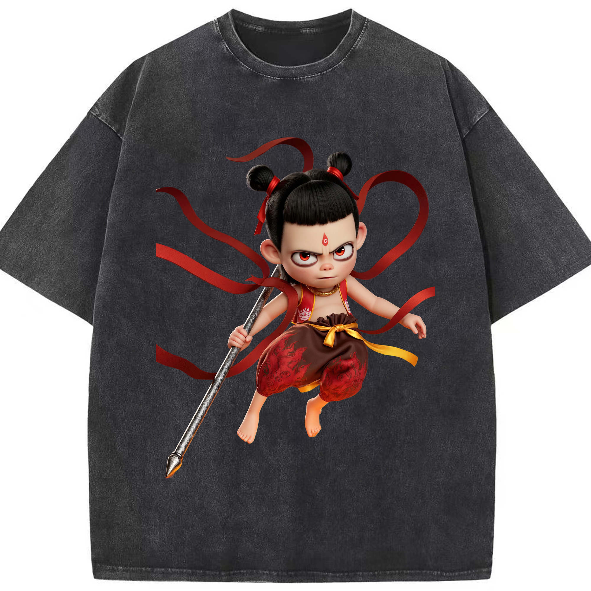 （画像用） Ne Zha 2 ナタ 魔童の大暴れ 綿100% ヴィンテージ風 半袖Tシャツ（フロントプリント）