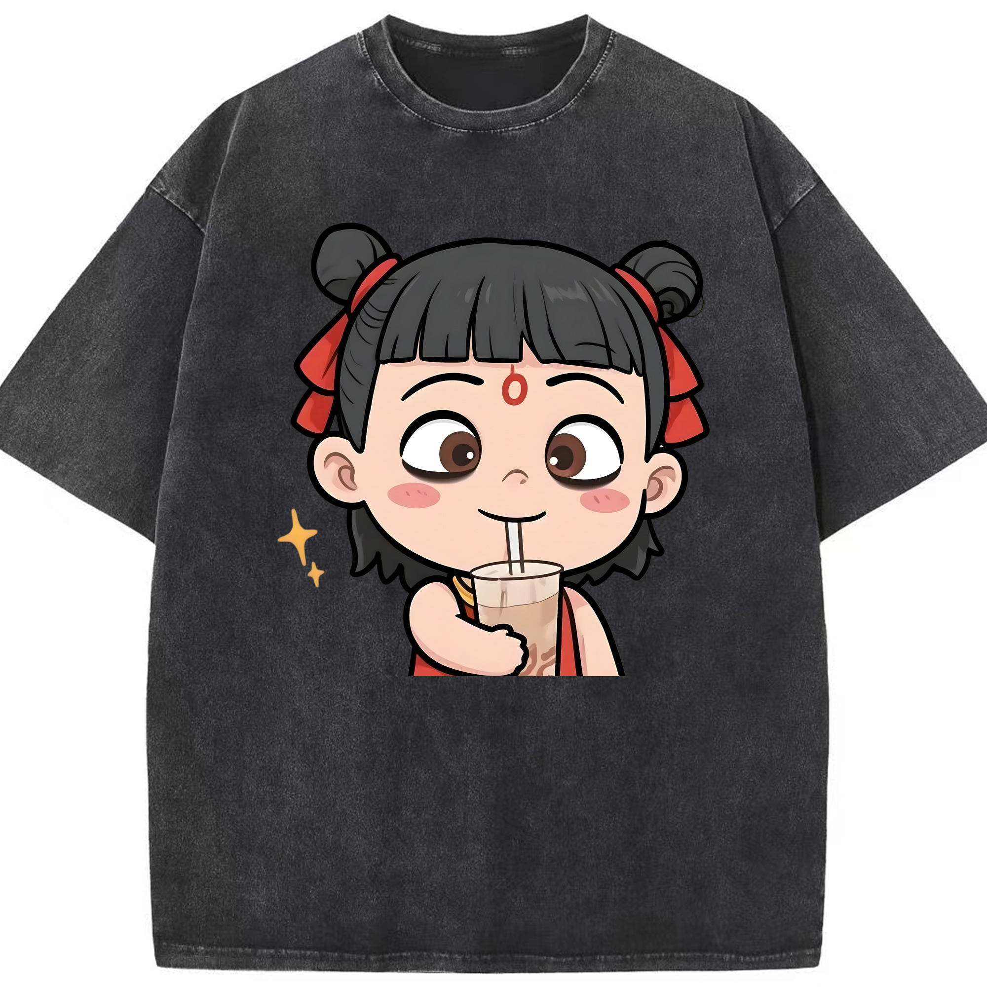 （画像用） Ne Zha 2 ナタ 魔童の大暴れ 綿100% ヴィンテージ風 半袖Tシャツ（フロントプリント）