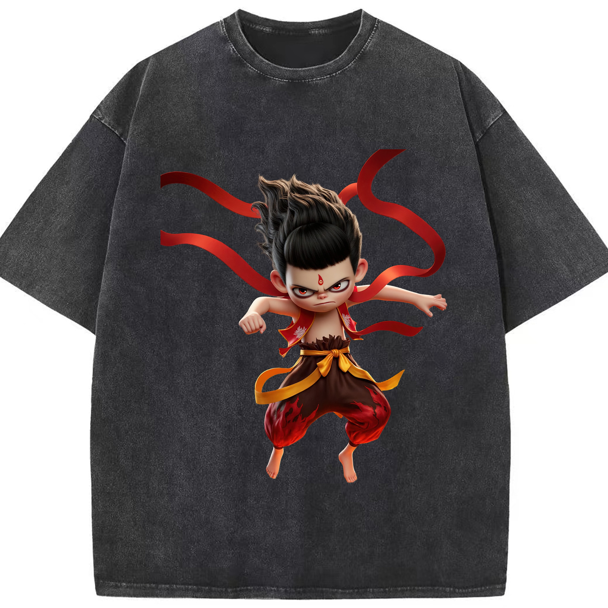 （画像用） Ne Zha 2 ナタ 魔童の大暴れ 綿100% ヴィンテージ風 半袖Tシャツ（フロントプリント）