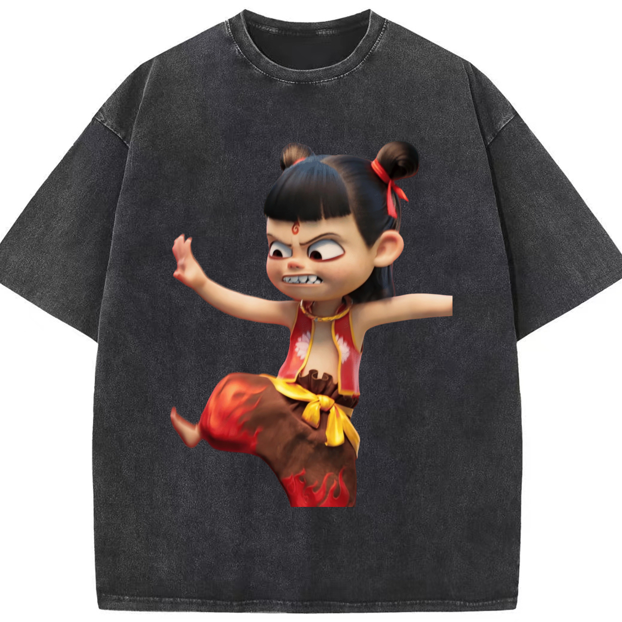 （画像用） Ne Zha 2 ナタ 魔童の大暴れ 綿100% ヴィンテージ風 半袖Tシャツ（フロントプリント）