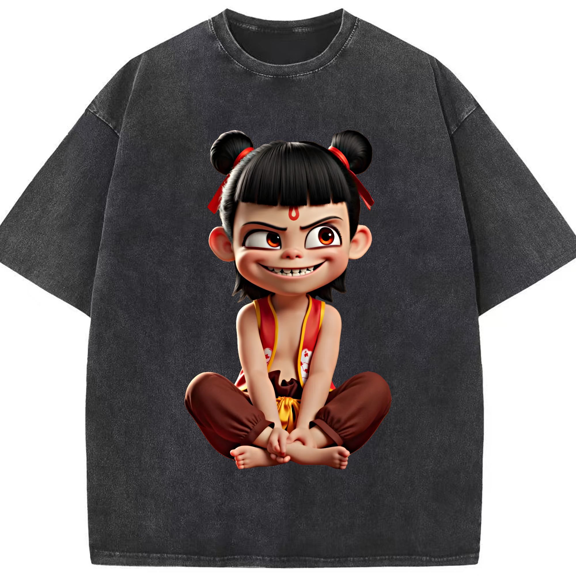 （画像用） Ne Zha 2 ナタ 魔童の大暴れ 綿100% ヴィンテージ風 半袖Tシャツ（フロントプリント）