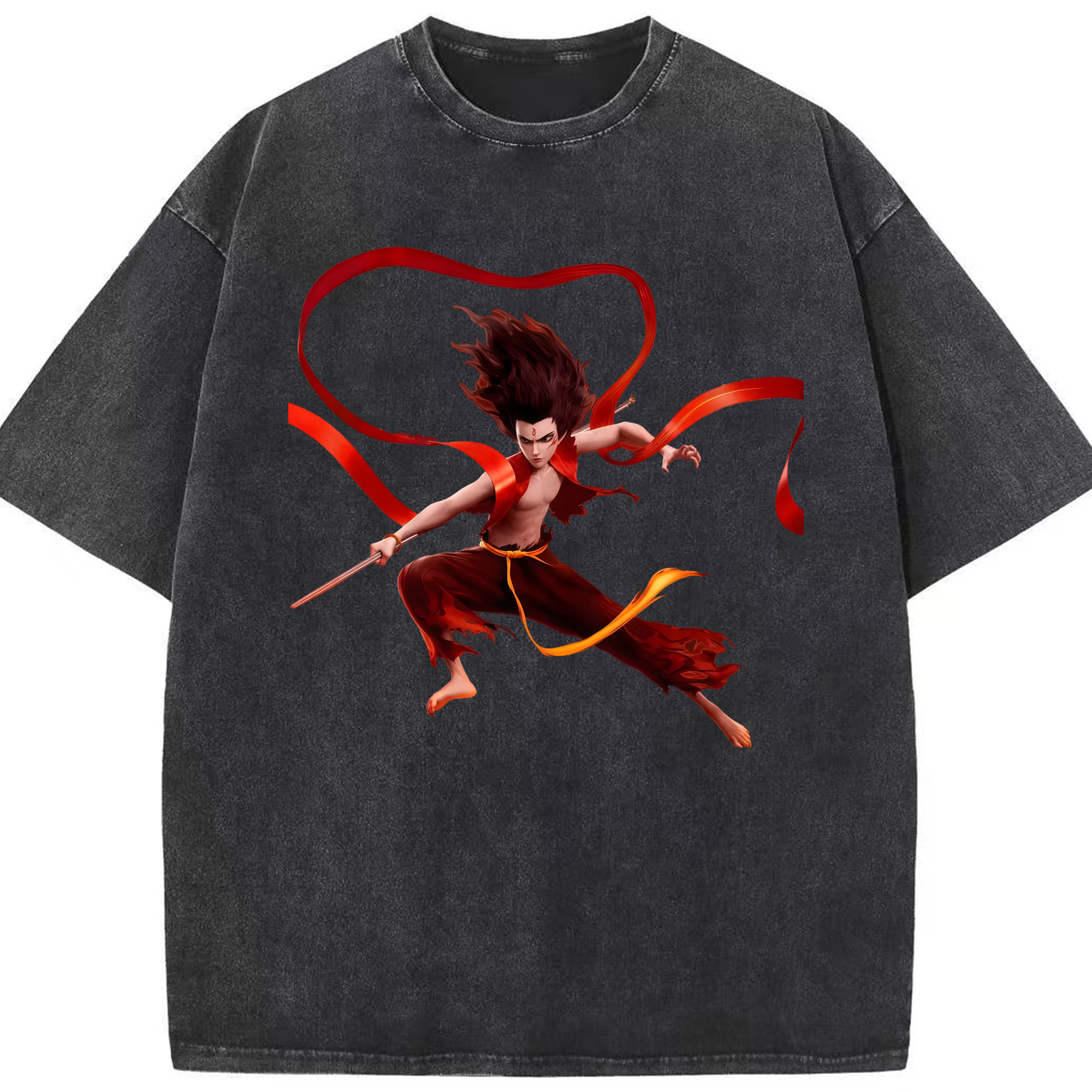 （画像用） Ne Zha 2 ナタ 魔童の大暴れ 綿100% ヴィンテージ風 半袖Tシャツ（フロントプリント）