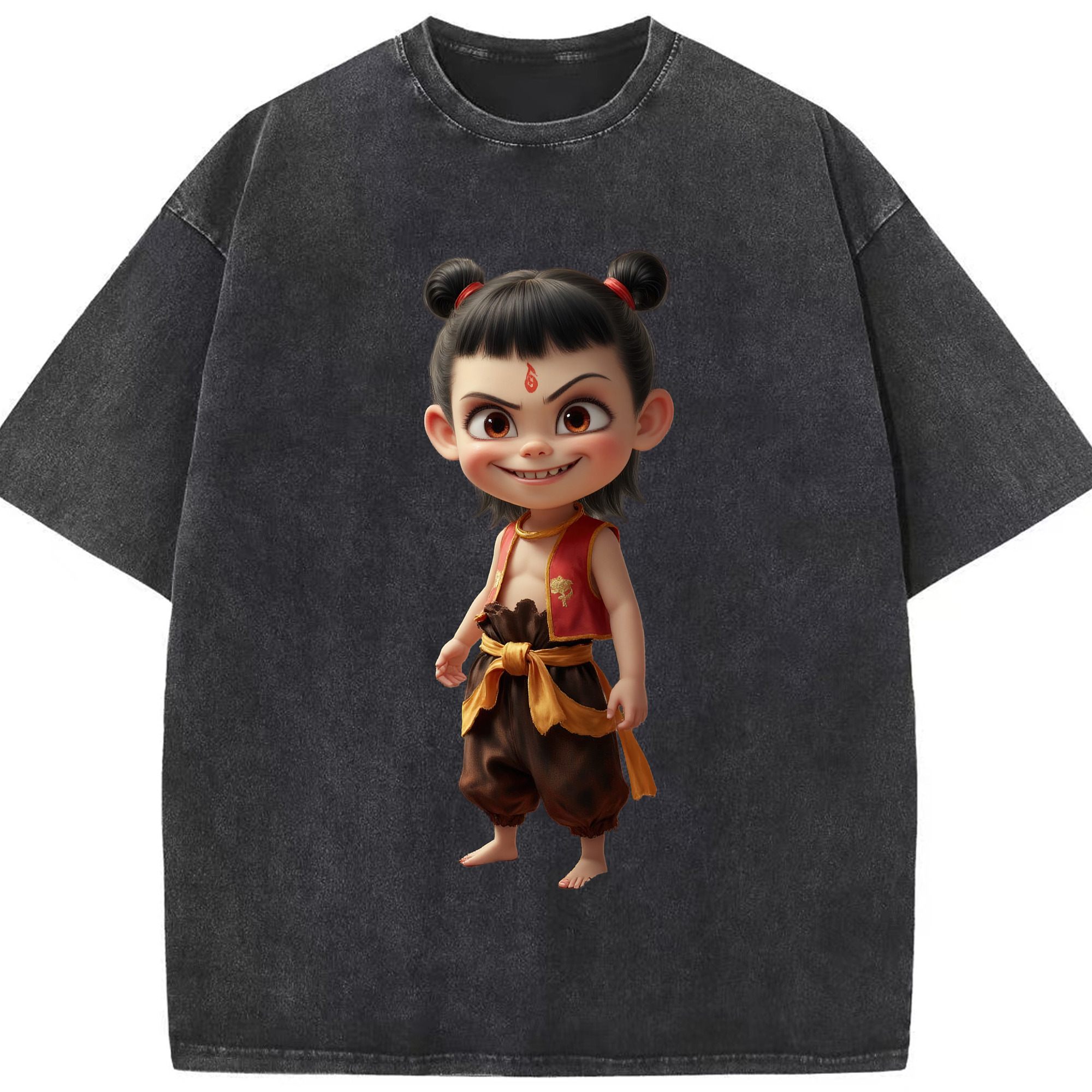（画像用） Ne Zha 2 ナタ 魔童の大暴れ 綿100% ヴィンテージ風 半袖Tシャツ（フロントプリント）