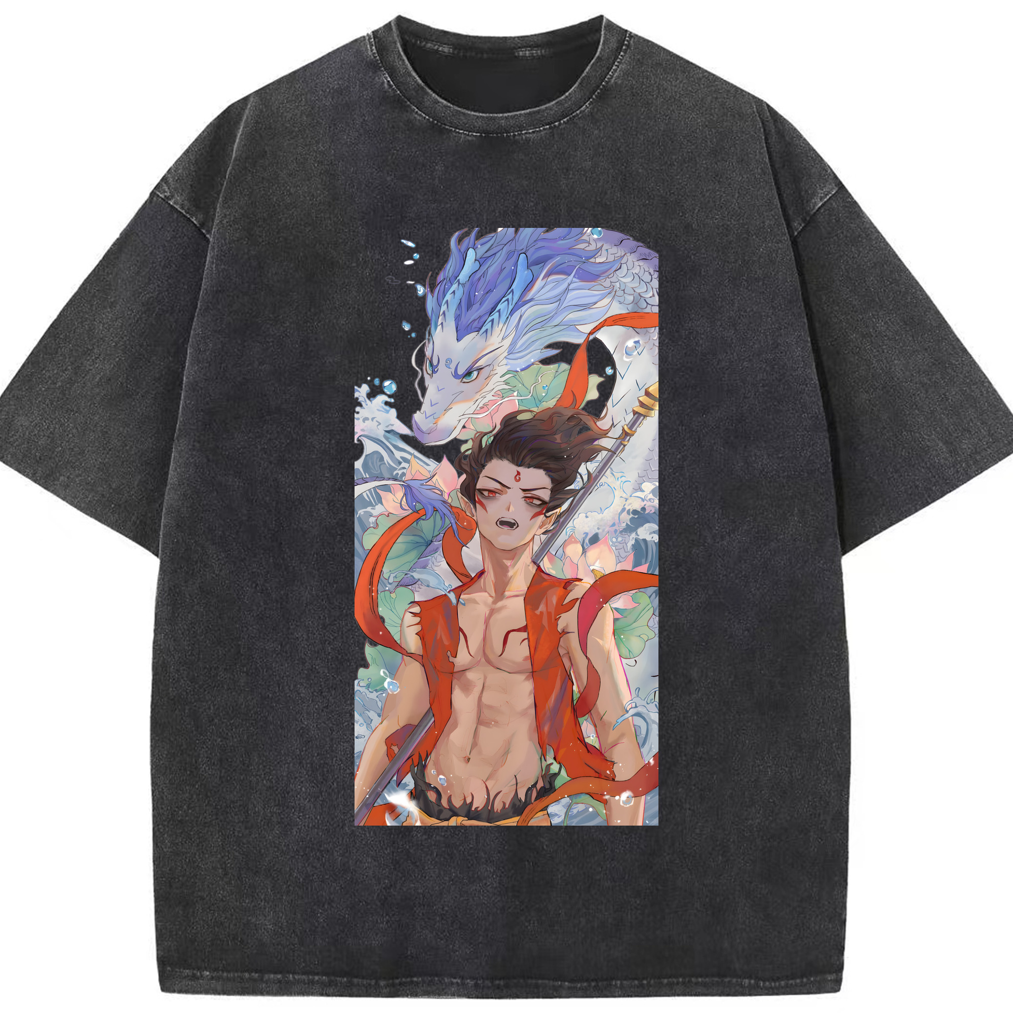 （画像用） Ne Zha 2 ナタ 魔童の大暴れ 綿100% ヴィンテージ風 半袖Tシャツ（フロントプリント）