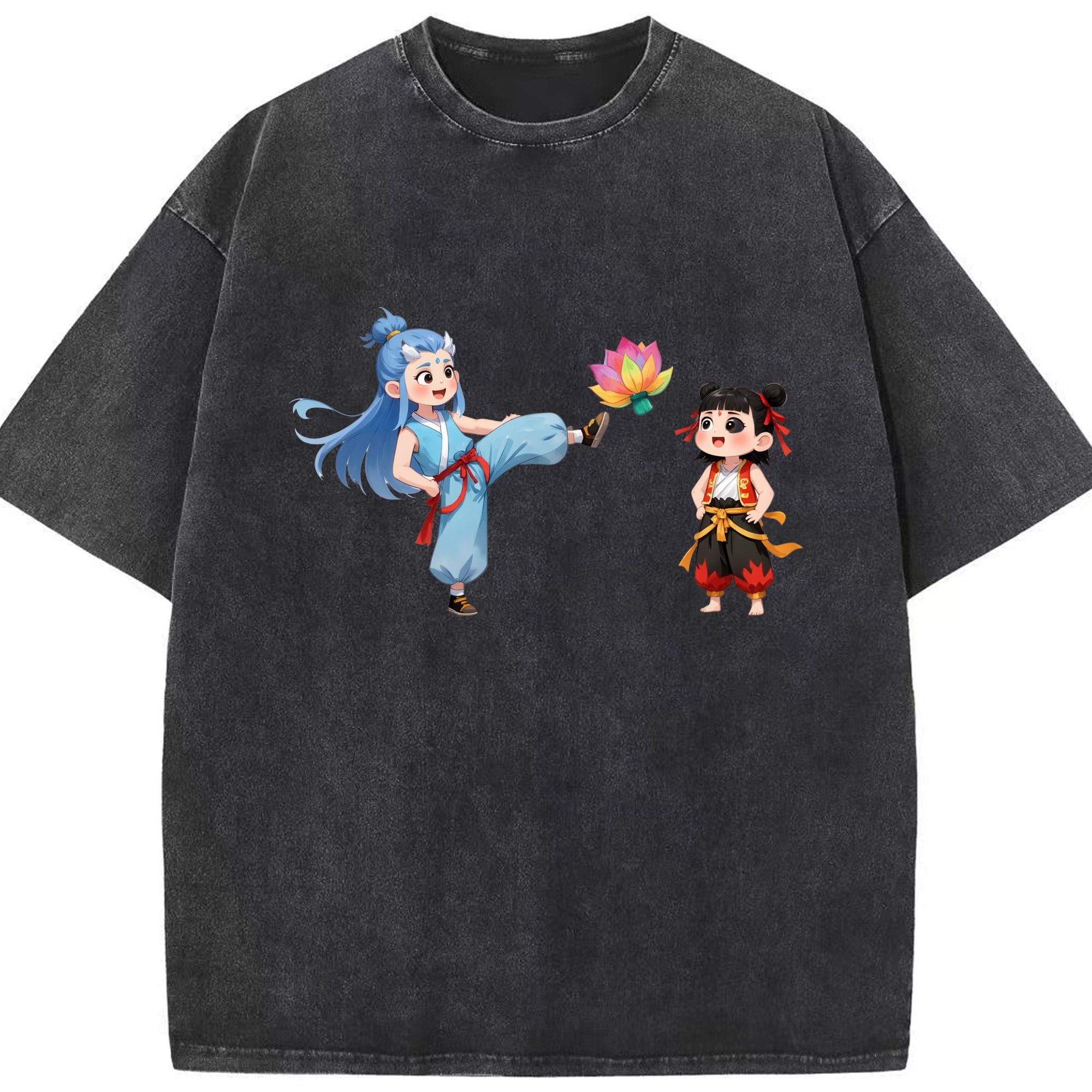 （画像用） Ne Zha 2 ナタ 魔童の大暴れ 綿100% ヴィンテージ風 半袖Tシャツ（フロントプリント）