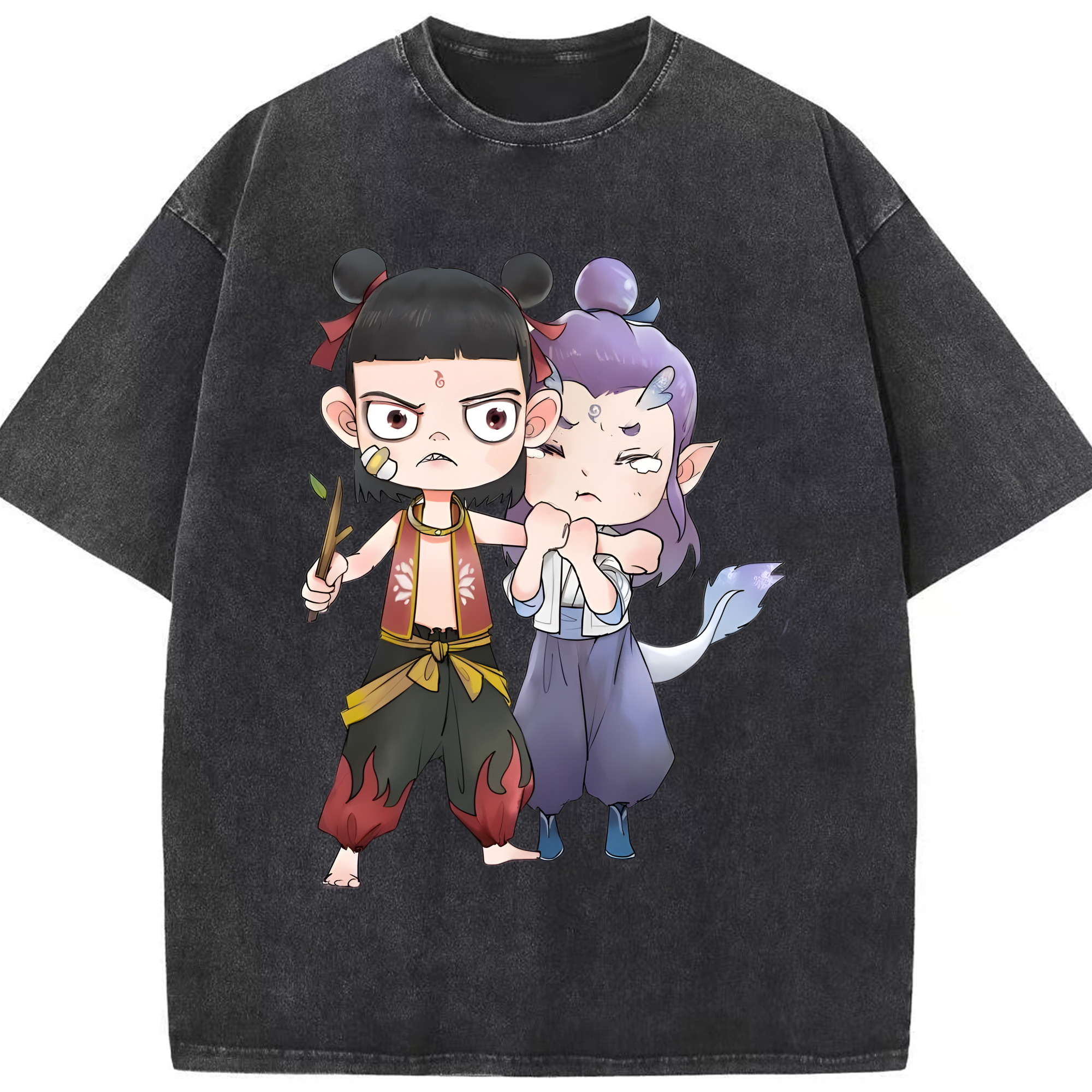（画像用） Ne Zha 2 ナタ 魔童の大暴れ 綿100% ヴィンテージ風 半袖Tシャツ（フロントプリント）