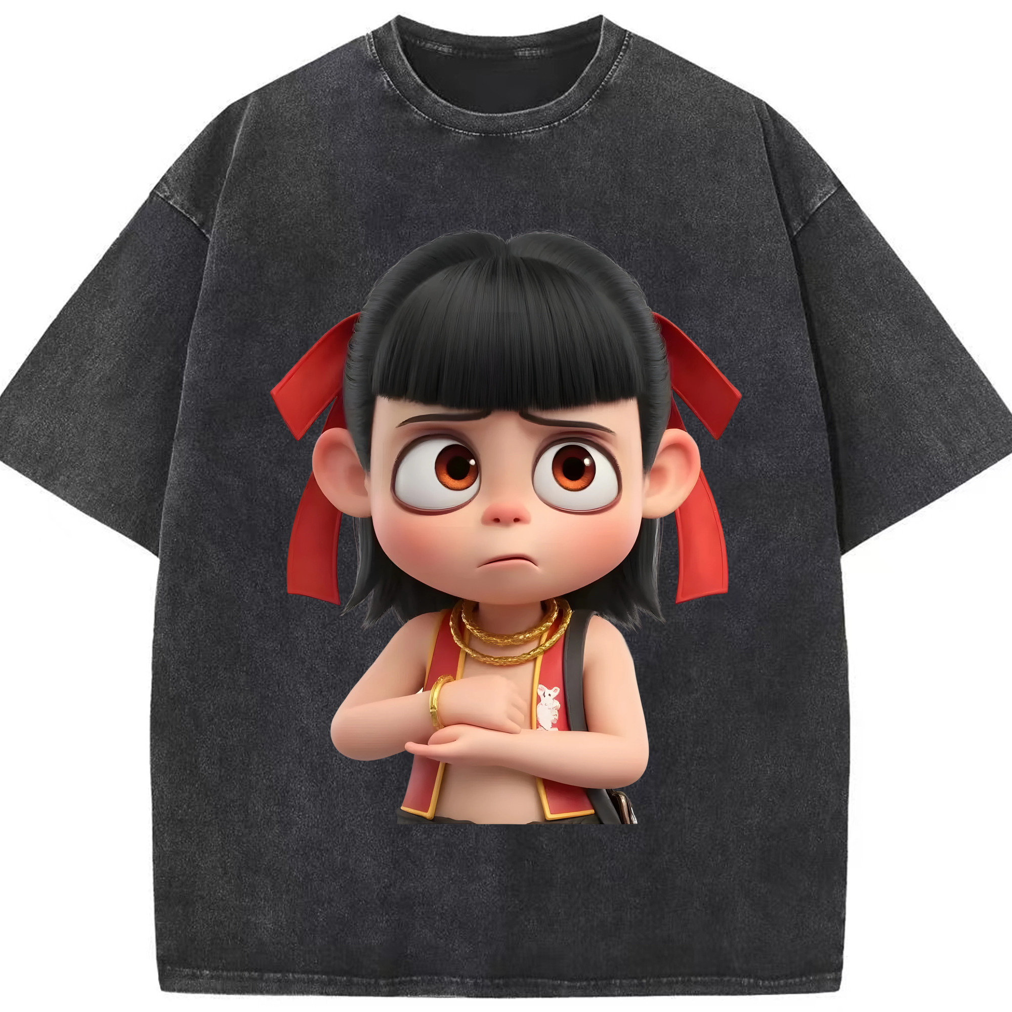 （画像用） Ne Zha 2 ナタ 魔童の大暴れ 綿100% ヴィンテージ風 半袖Tシャツ（フロントプリント）